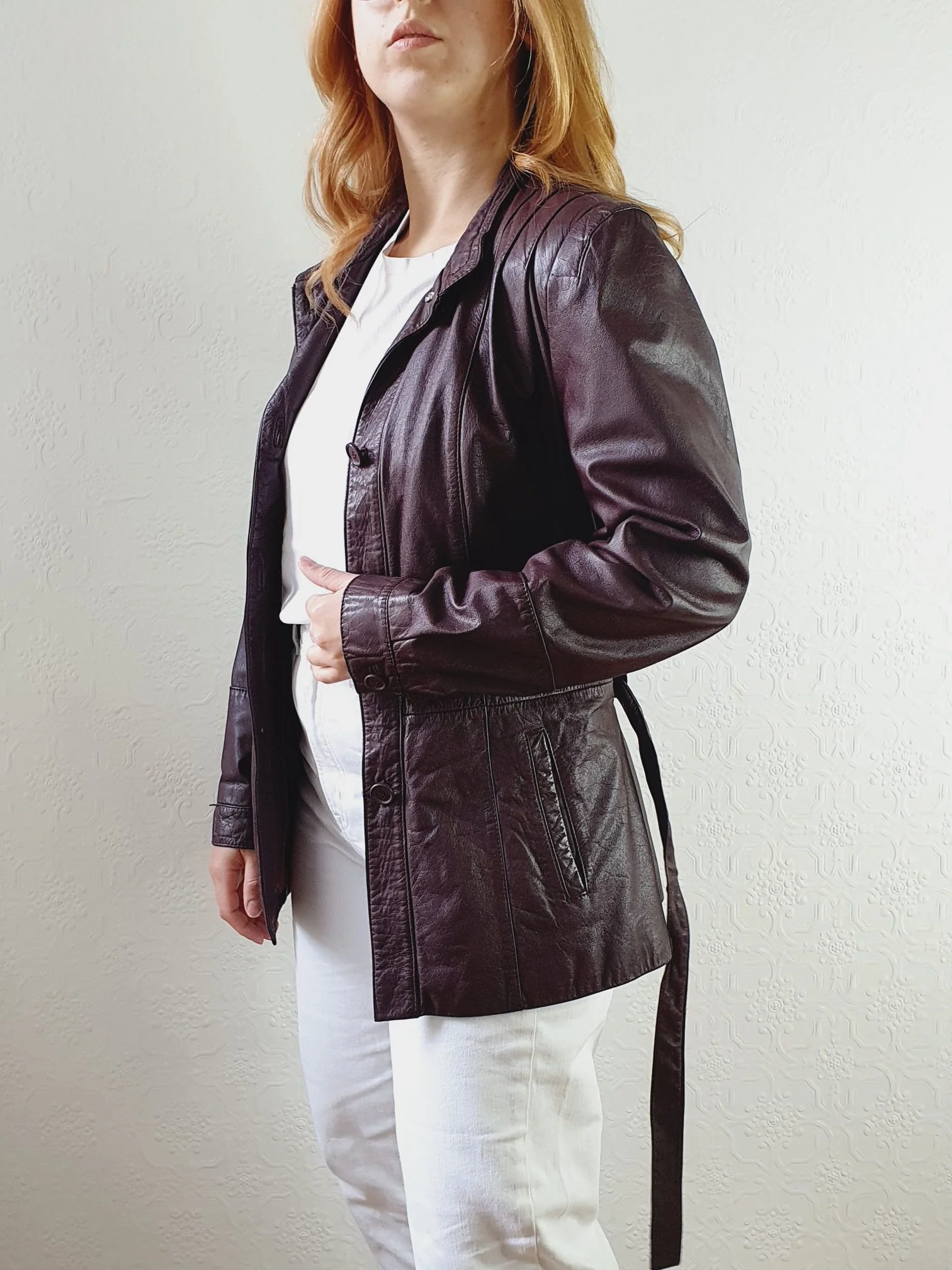 Vintage 80s Plum Purple Genuine Leather Jacket with Belt - S/M - Image 2