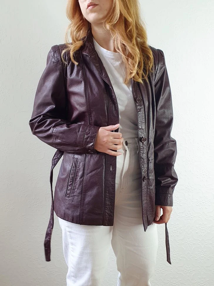 Vintage 80s Plum Purple Genuine Leather Jacket with Belt - S/M - Image 3