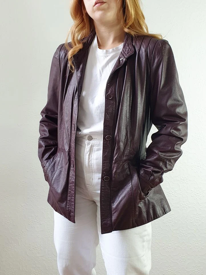 Vintage 80s Plum Purple Genuine Leather Jacket with Belt - S/M - Image 5