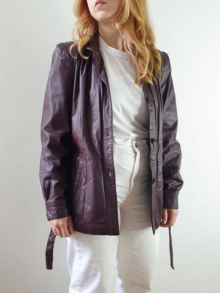 Vintage 80s Plum Purple Genuine Leather Jacket with Belt - S/M - Image 7