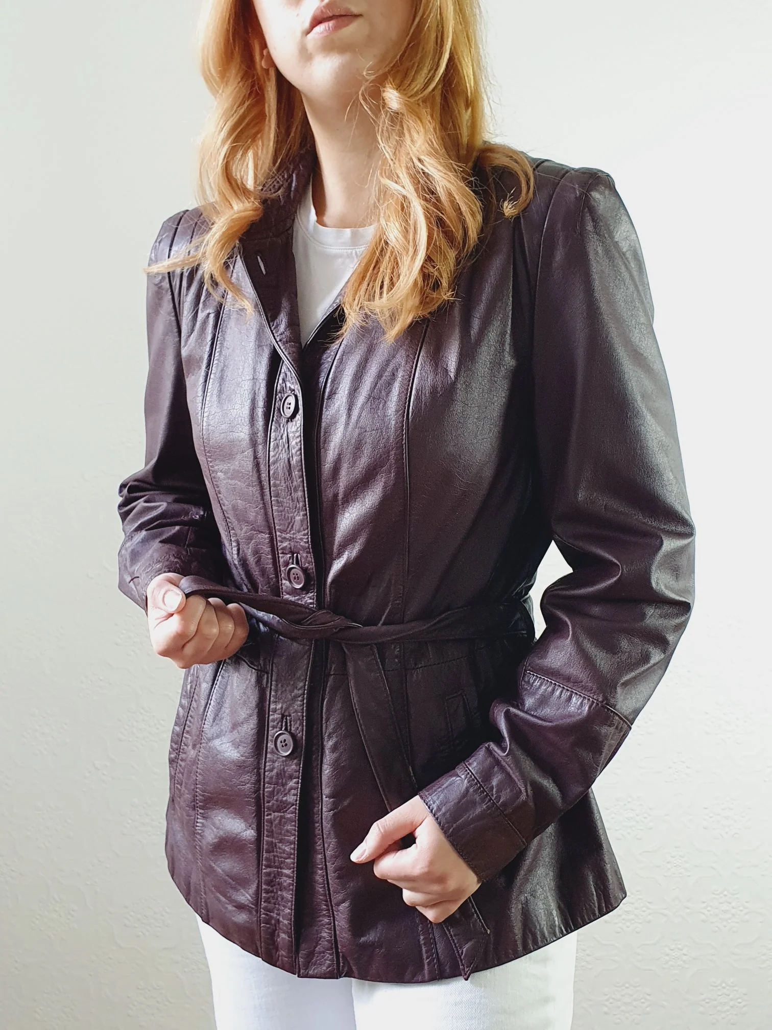 Vintage 80s Plum Purple Genuine Leather Jacket with Belt - S/M - Image 9