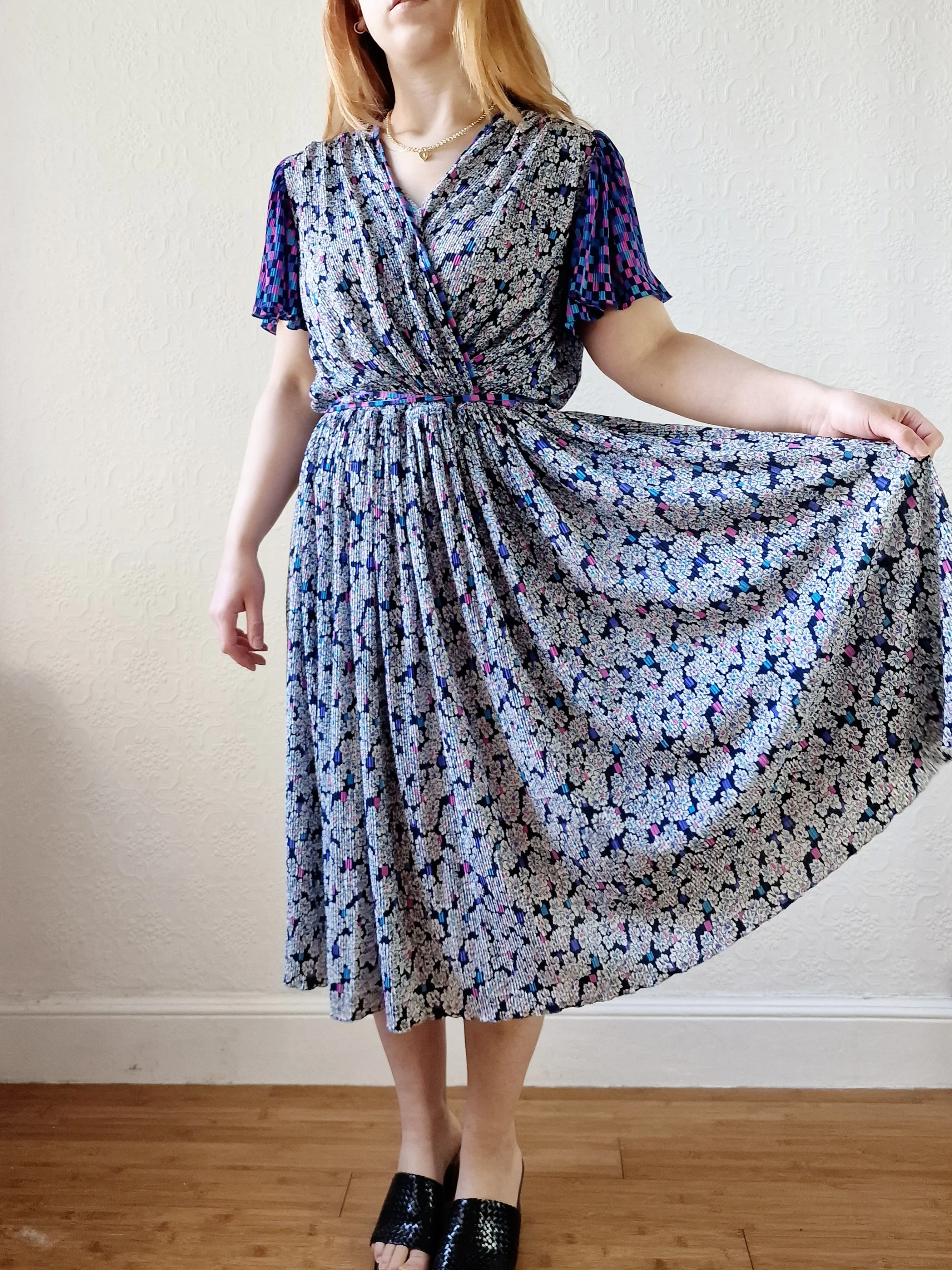 Vintage 80s Purple, Blue and Pink Floral Midi Dress with Angel Sleeves - M
