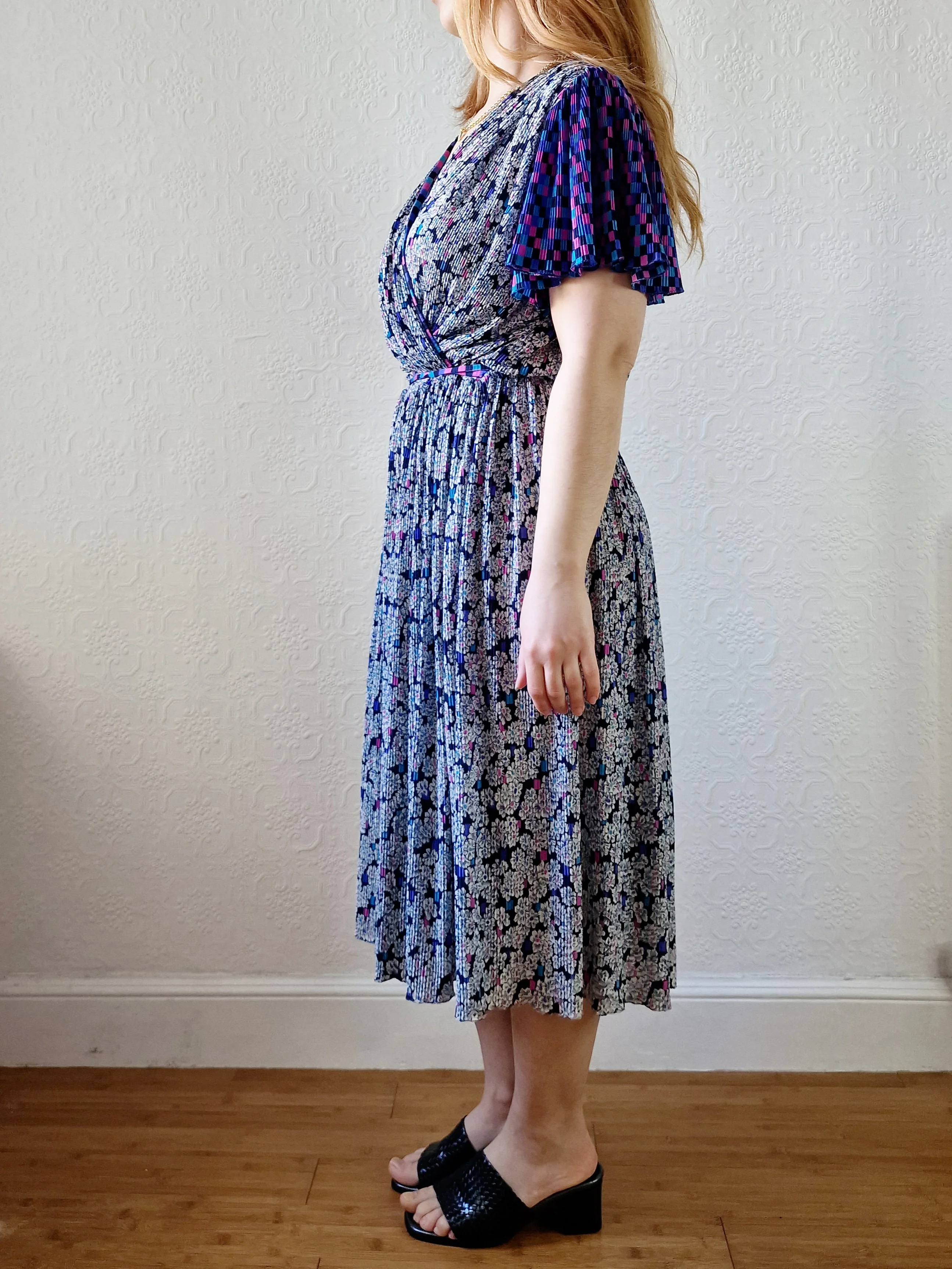 Vintage 80s Purple, Blue and Pink Floral Midi Dress with Angel Sleeves - M - Image 3