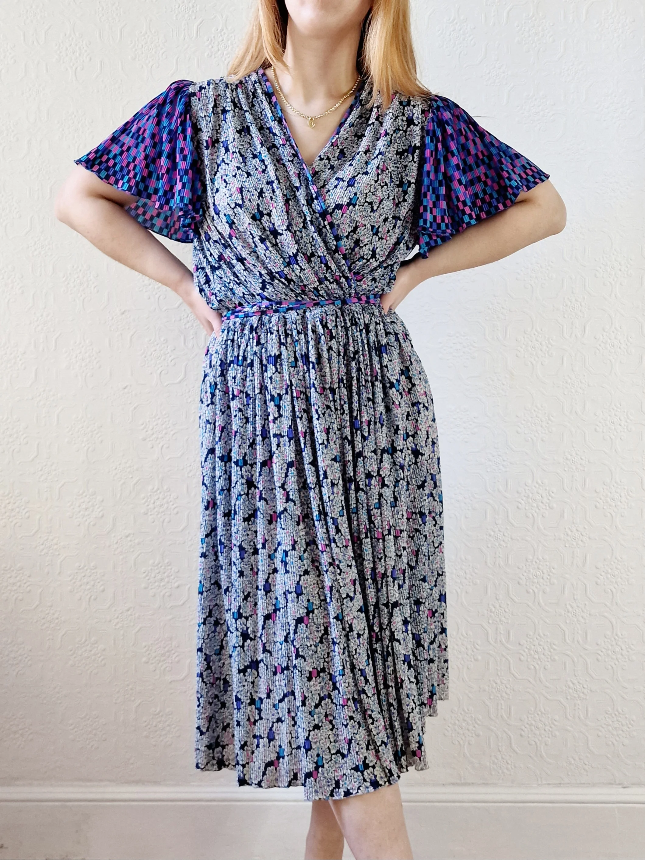 Vintage 80s Purple, Blue and Pink Floral Midi Dress with Angel Sleeves - M - Image 6