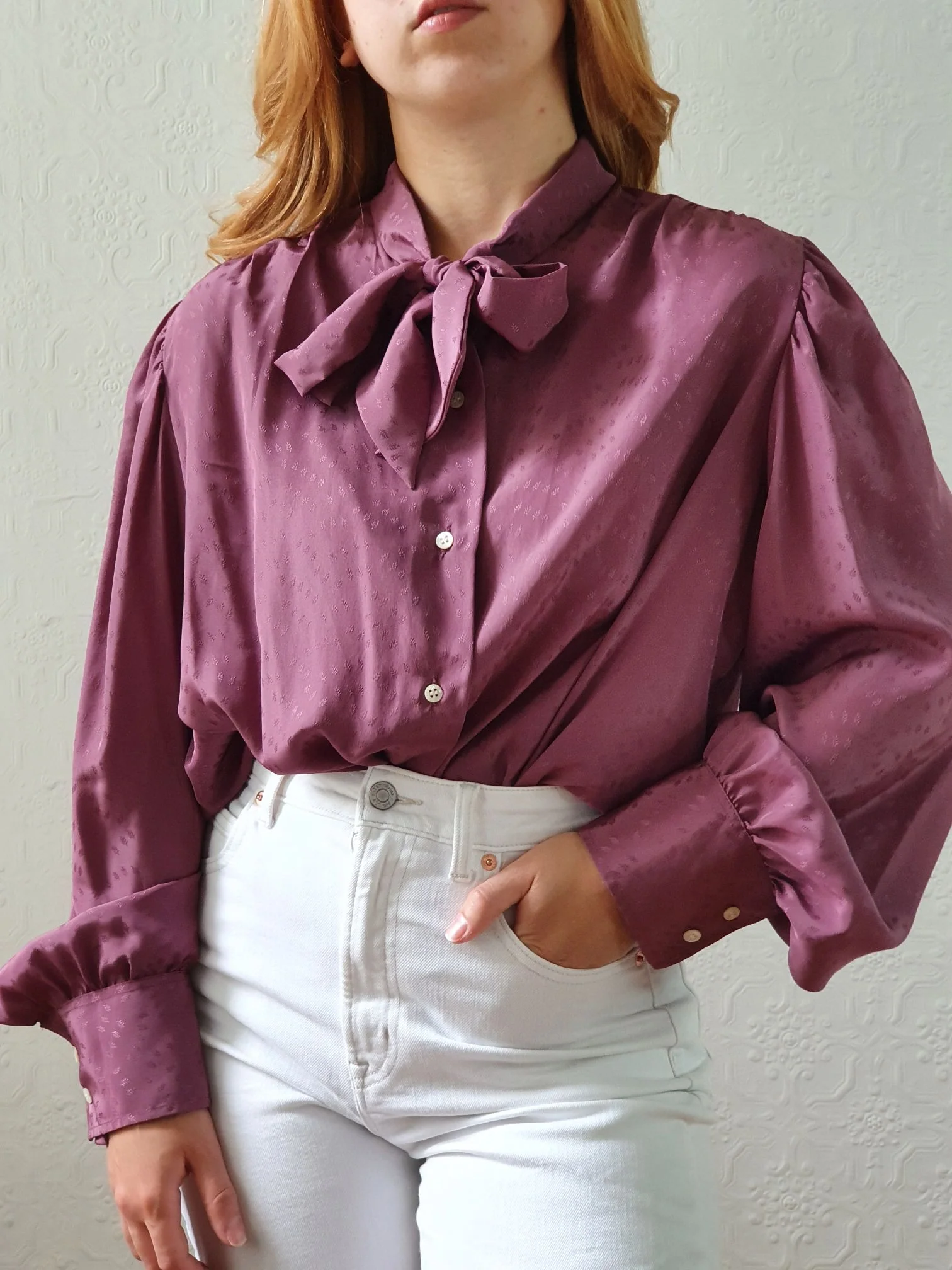 Vintage 80s Purple Long Sleeve Blouse with Pussy Bow Collar - XL