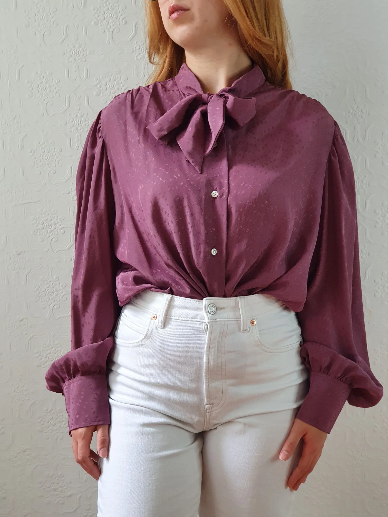 Vintage 80s Purple Long Sleeve Blouse with Pussy Bow Collar - XL - Image 2