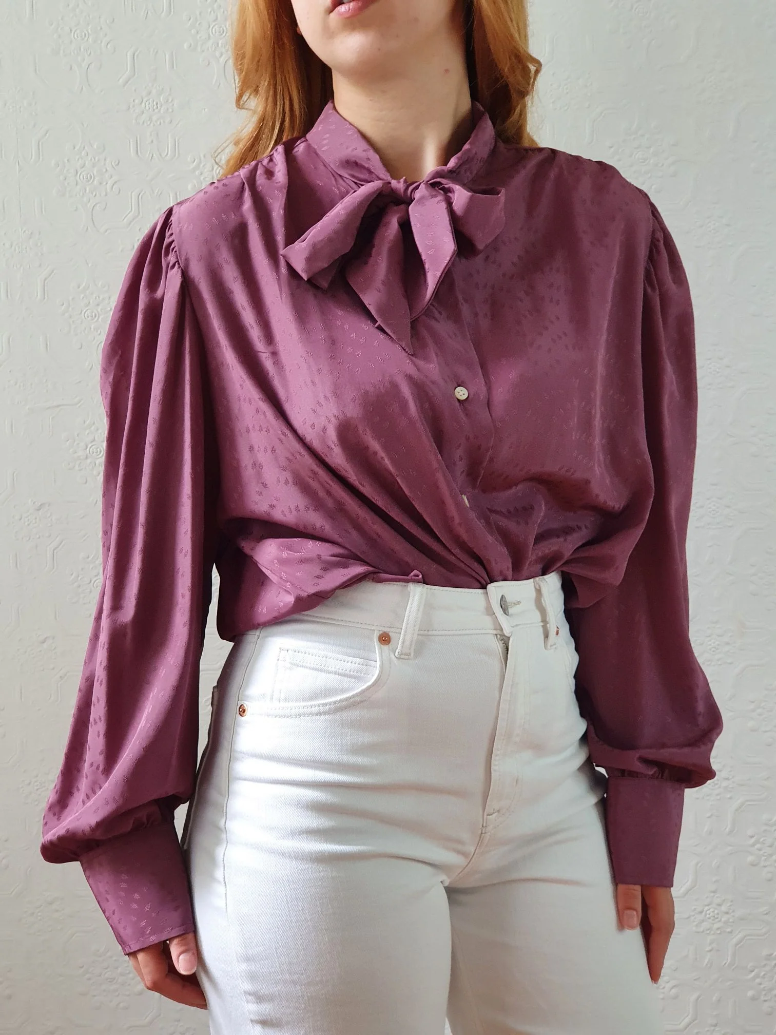 Vintage 80s Purple Long Sleeve Blouse with Pussy Bow Collar - XL - Image 3