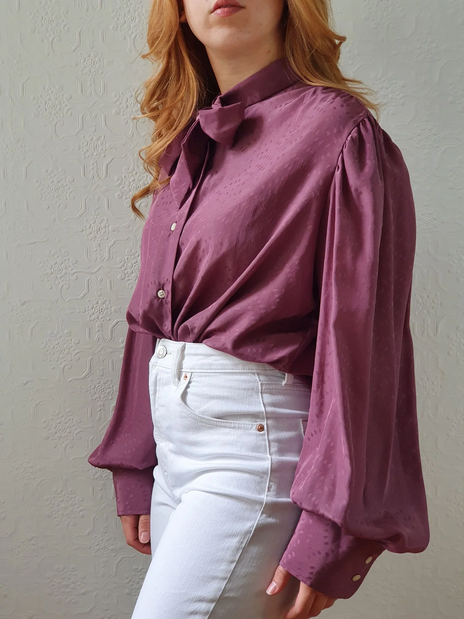 Vintage 80s Purple Long Sleeve Blouse with Pussy Bow Collar - XL - Image 5