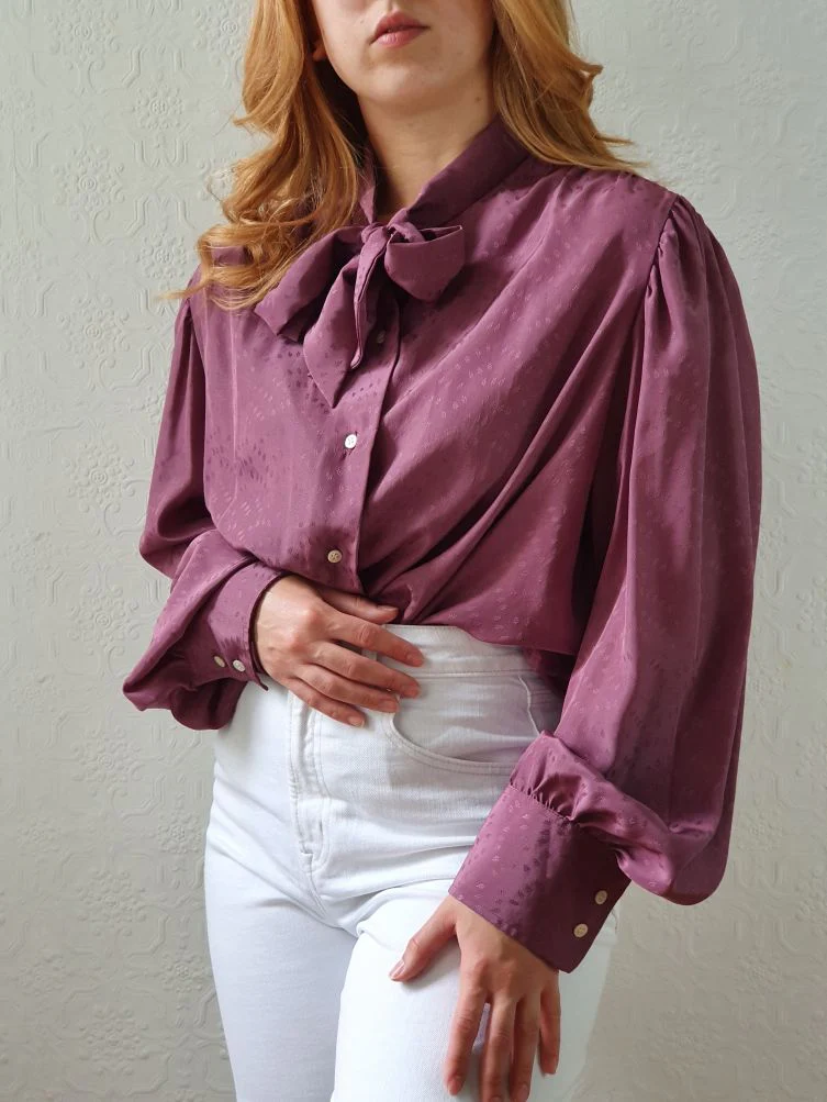 Vintage 80s Purple Long Sleeve Blouse with Pussy Bow Collar - XL - Image 6