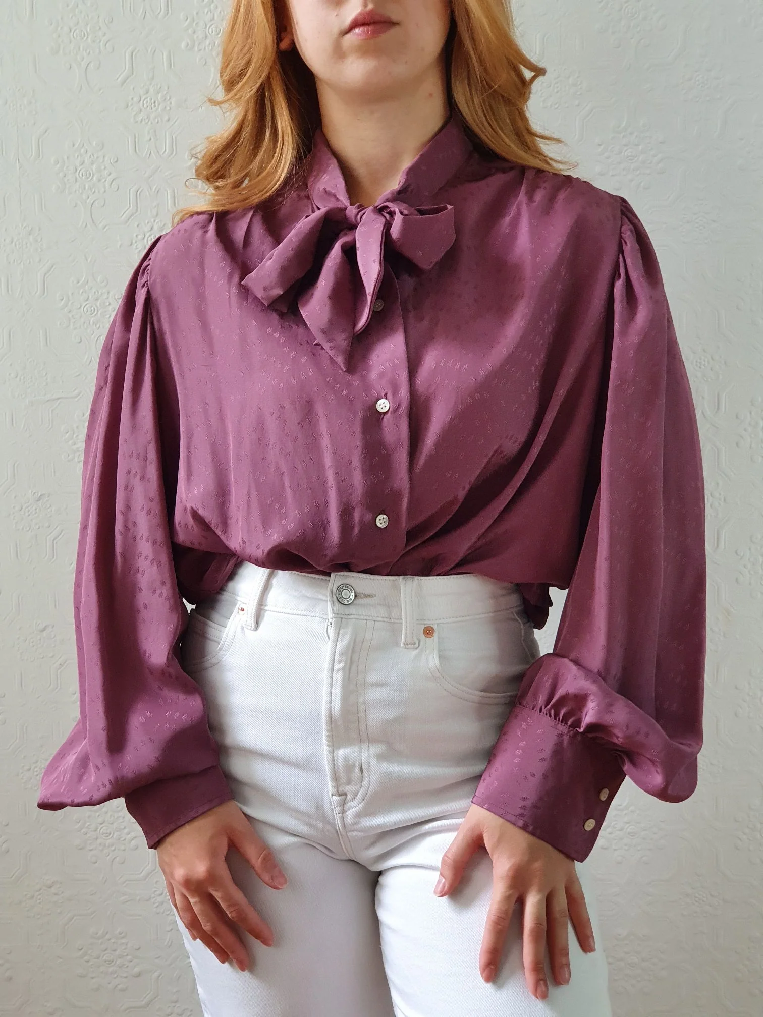 Vintage 80s Purple Long Sleeve Blouse with Pussy Bow Collar - XL - Image 7