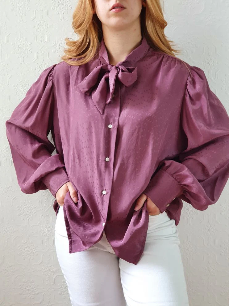 Vintage 80s Purple Long Sleeve Blouse with Pussy Bow Collar - XL - Image 8