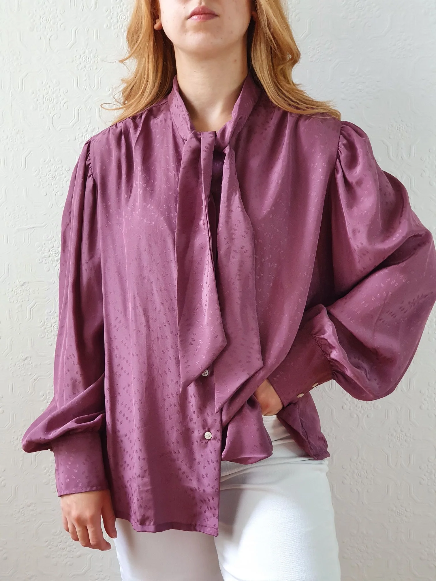 Vintage 80s Purple Long Sleeve Blouse with Pussy Bow Collar - XL - Image 9