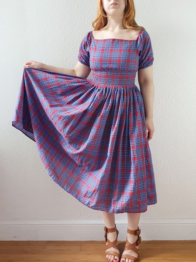 Vintage 80s Red & Blue Tartan Dress with Puff Sleeves - S