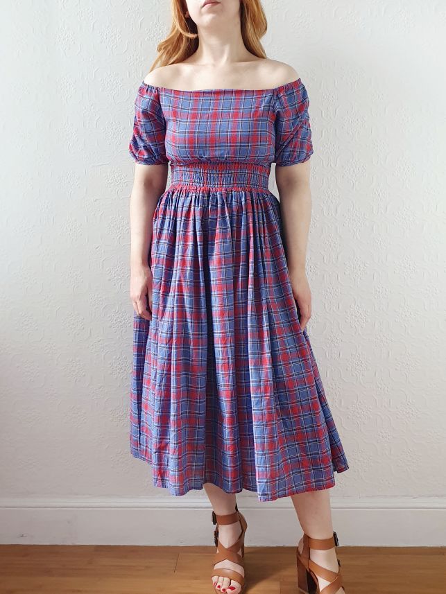 Vintage 80s Red & Blue Tartan Dress with Puff Sleeves - S - Image 10