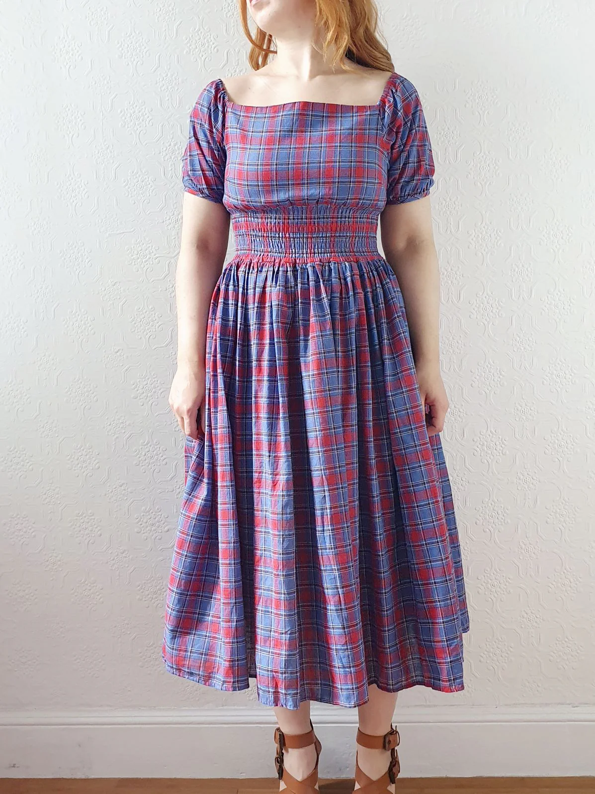 Vintage 80s Red & Blue Tartan Dress with Puff Sleeves - S - Image 11