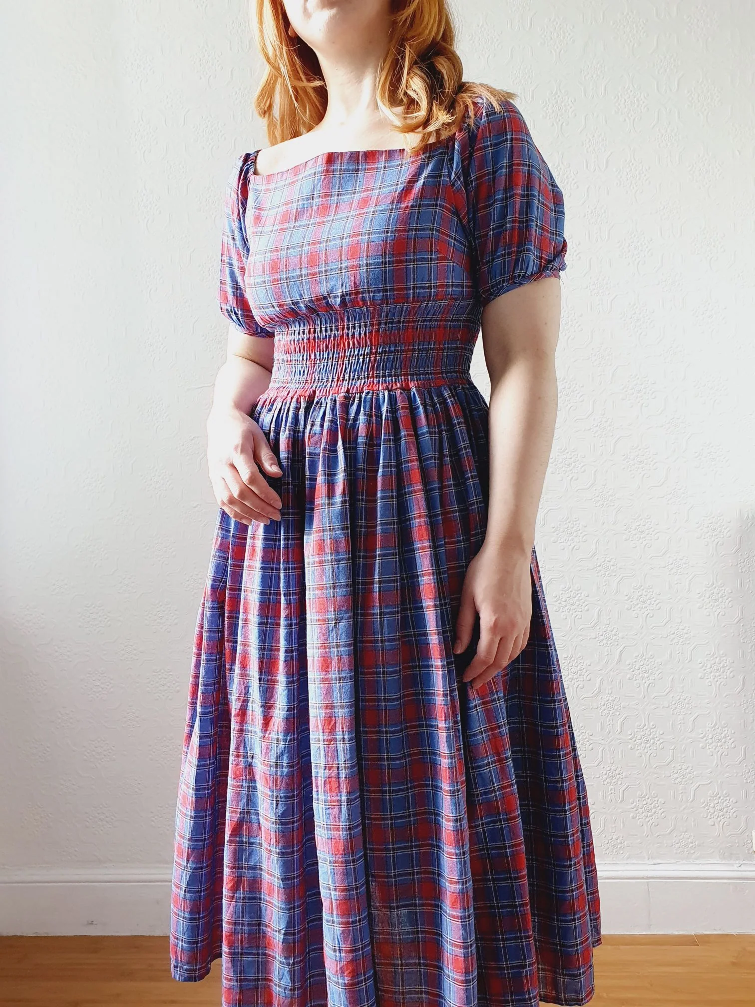 Vintage 80s Red & Blue Tartan Dress with Puff Sleeves - S - Image 12