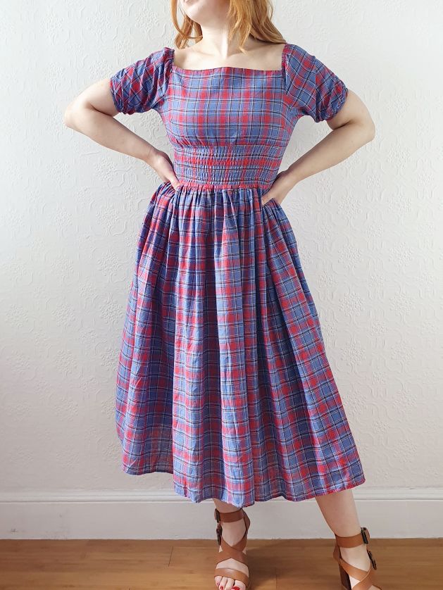 Vintage 80s Red & Blue Tartan Dress with Puff Sleeves - S - Image 2