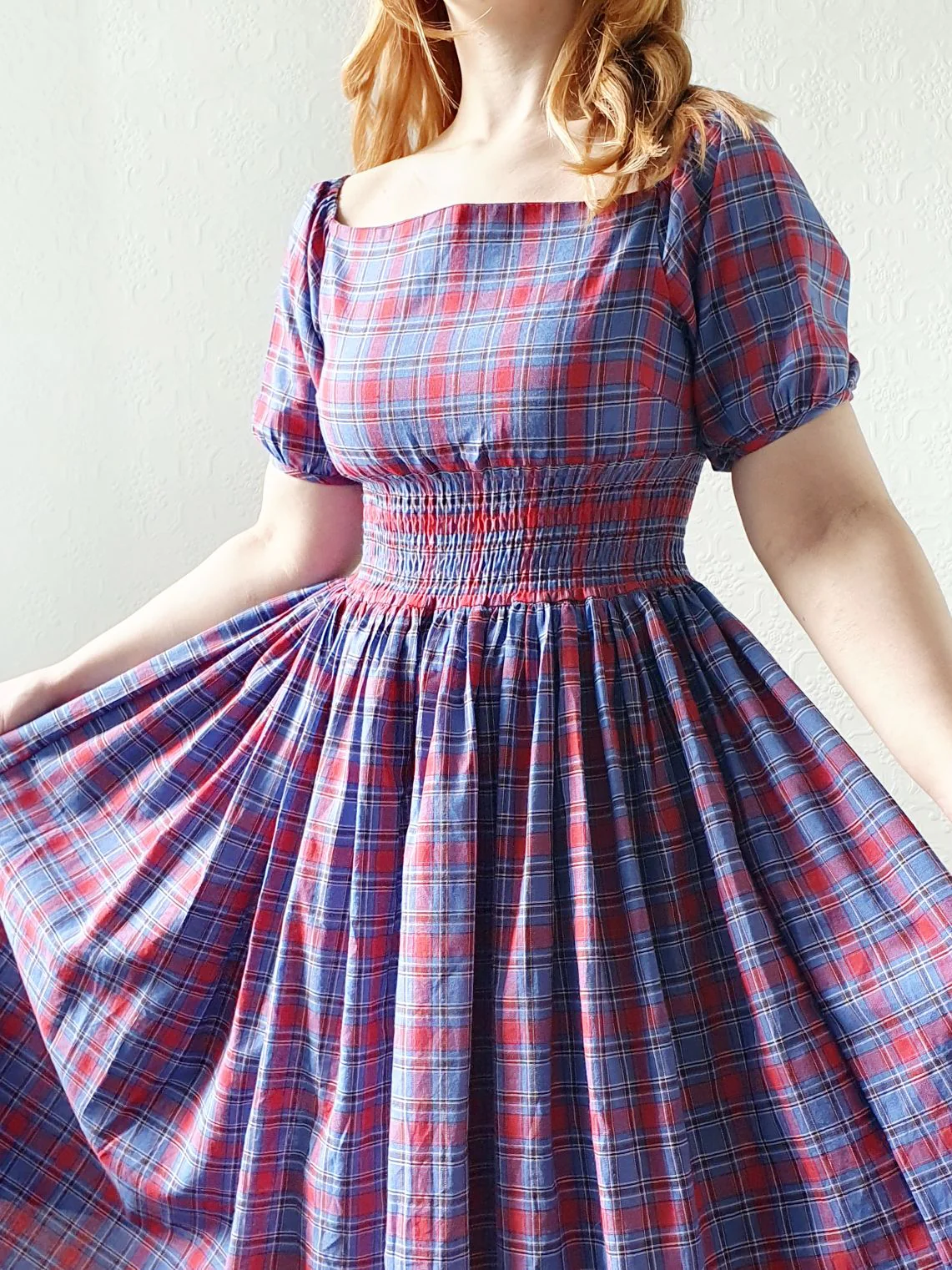 Vintage 80s Red & Blue Tartan Dress with Puff Sleeves - S - Image 3