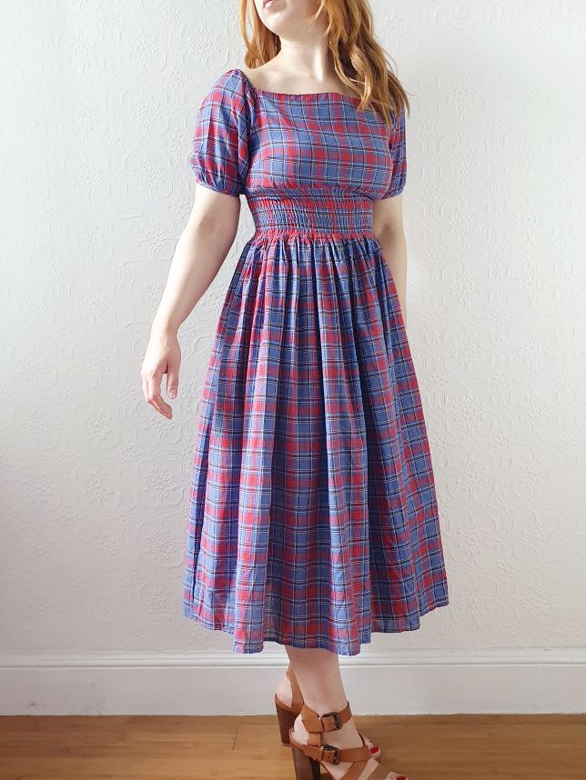Vintage 80s Red & Blue Tartan Dress with Puff Sleeves - S - Image 4