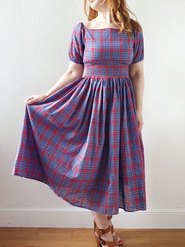 Vintage 80s Red & Blue Tartan Dress with Puff Sleeves - S - Image 5