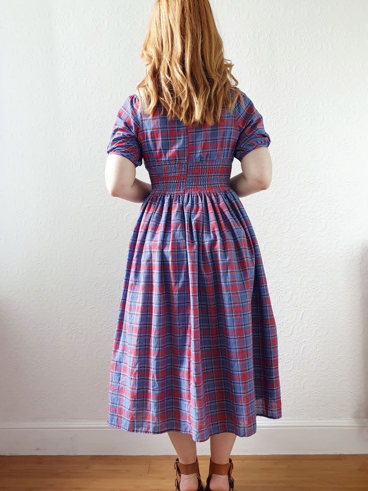 Vintage 80s Red & Blue Tartan Dress with Puff Sleeves - S - Image 6