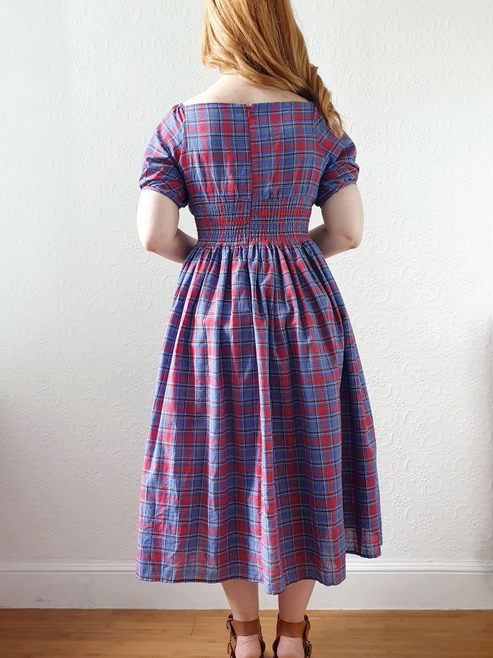 Vintage 80s Red & Blue Tartan Dress with Puff Sleeves - S - Image 7