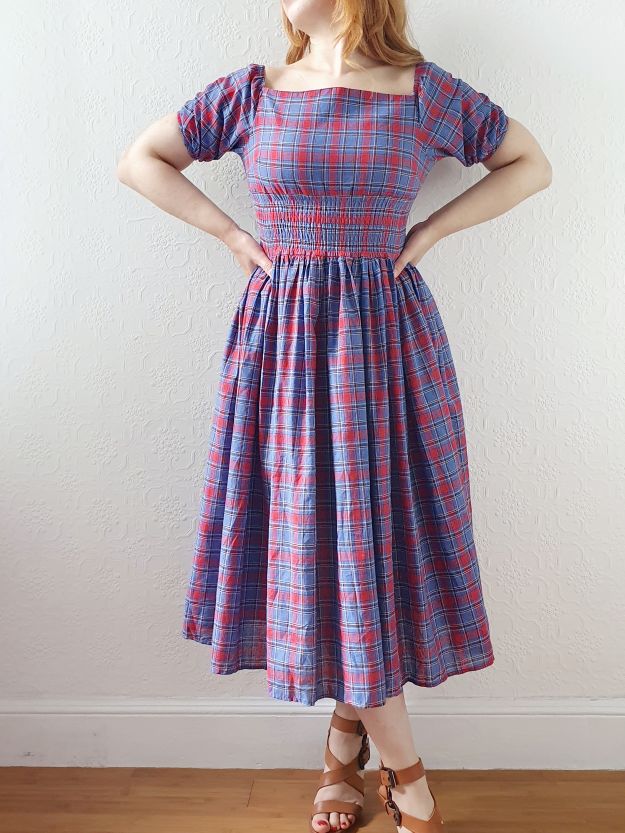Vintage 80s Red & Blue Tartan Dress with Puff Sleeves - S - Image 8