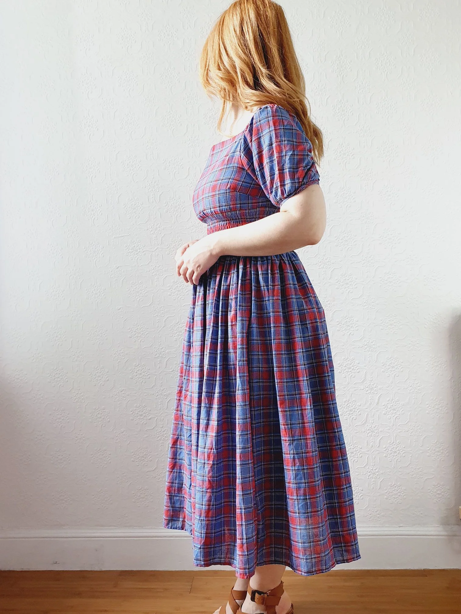Vintage 80s Red & Blue Tartan Dress with Puff Sleeves - S - Image 9