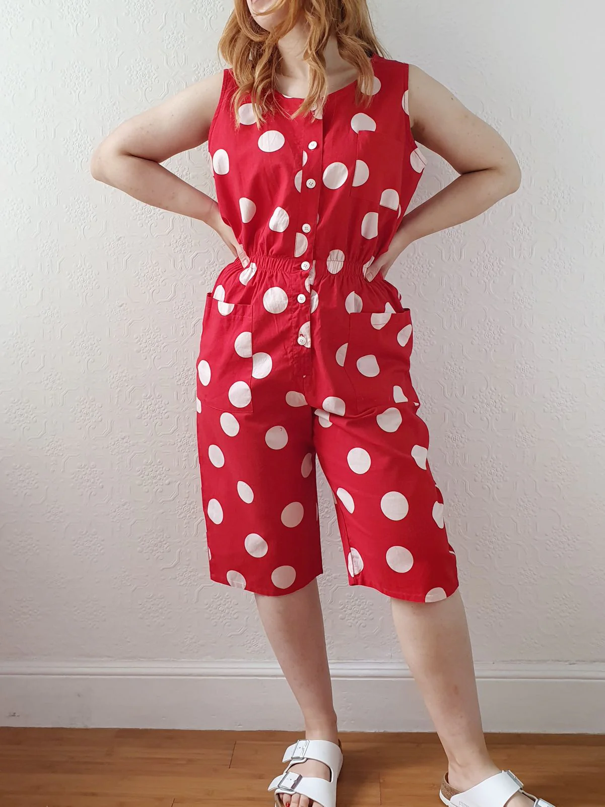 Vintage 80s Red Polka Dot Sleeveless Playsuit - M
