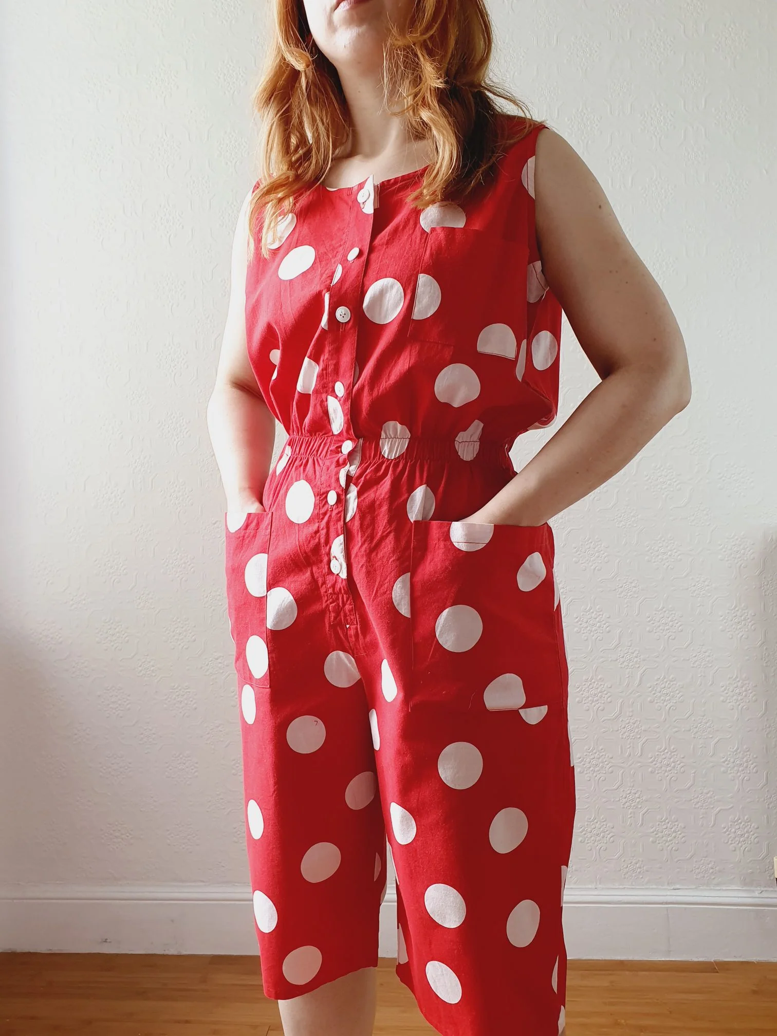 Vintage 80s Red Polka Dot Sleeveless Playsuit - M - Image 2
