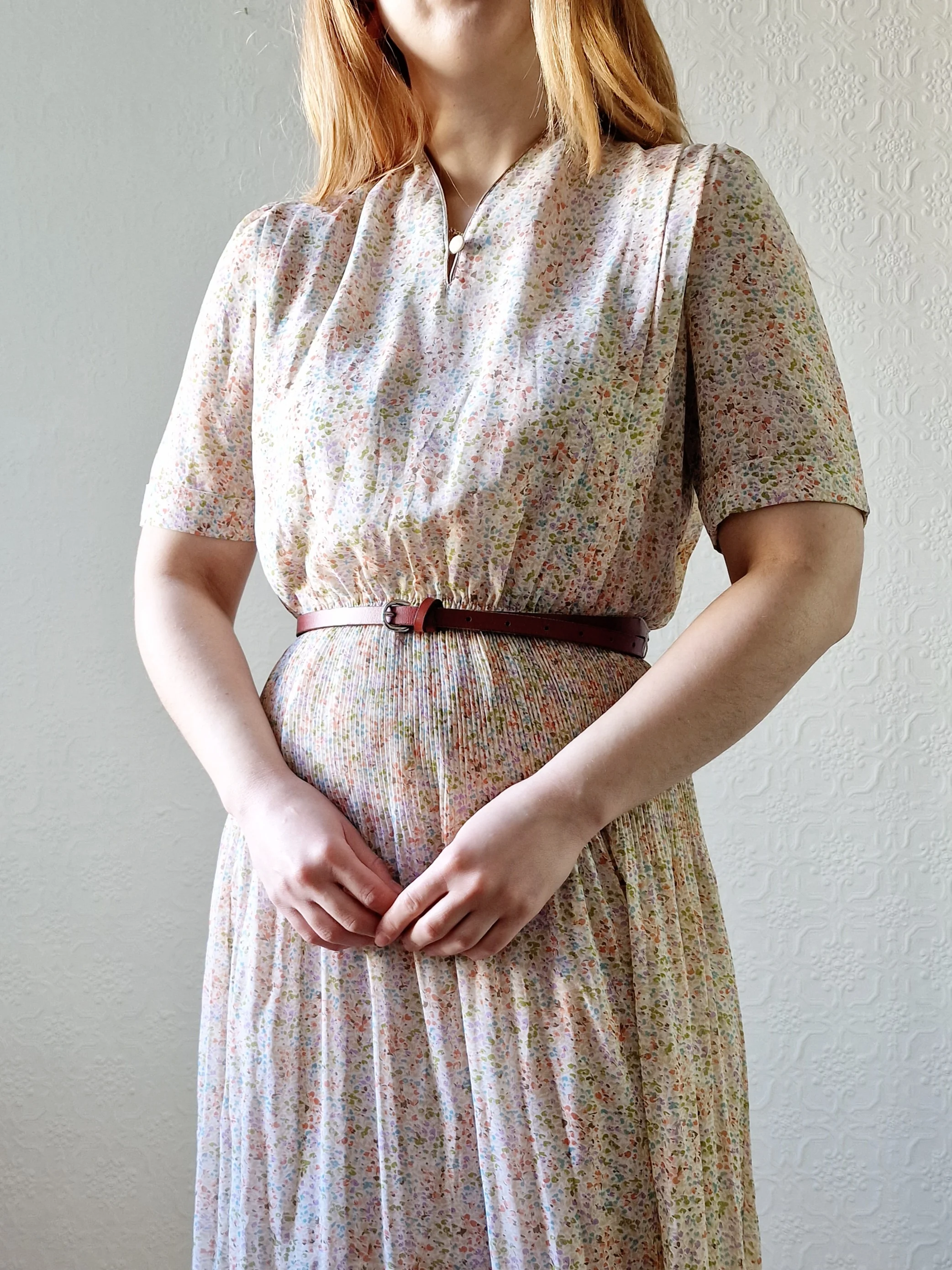 Vintage 80s Romantic Pastel Ditsy Floral Midi Dress with Short Sleeves - S - Image 6