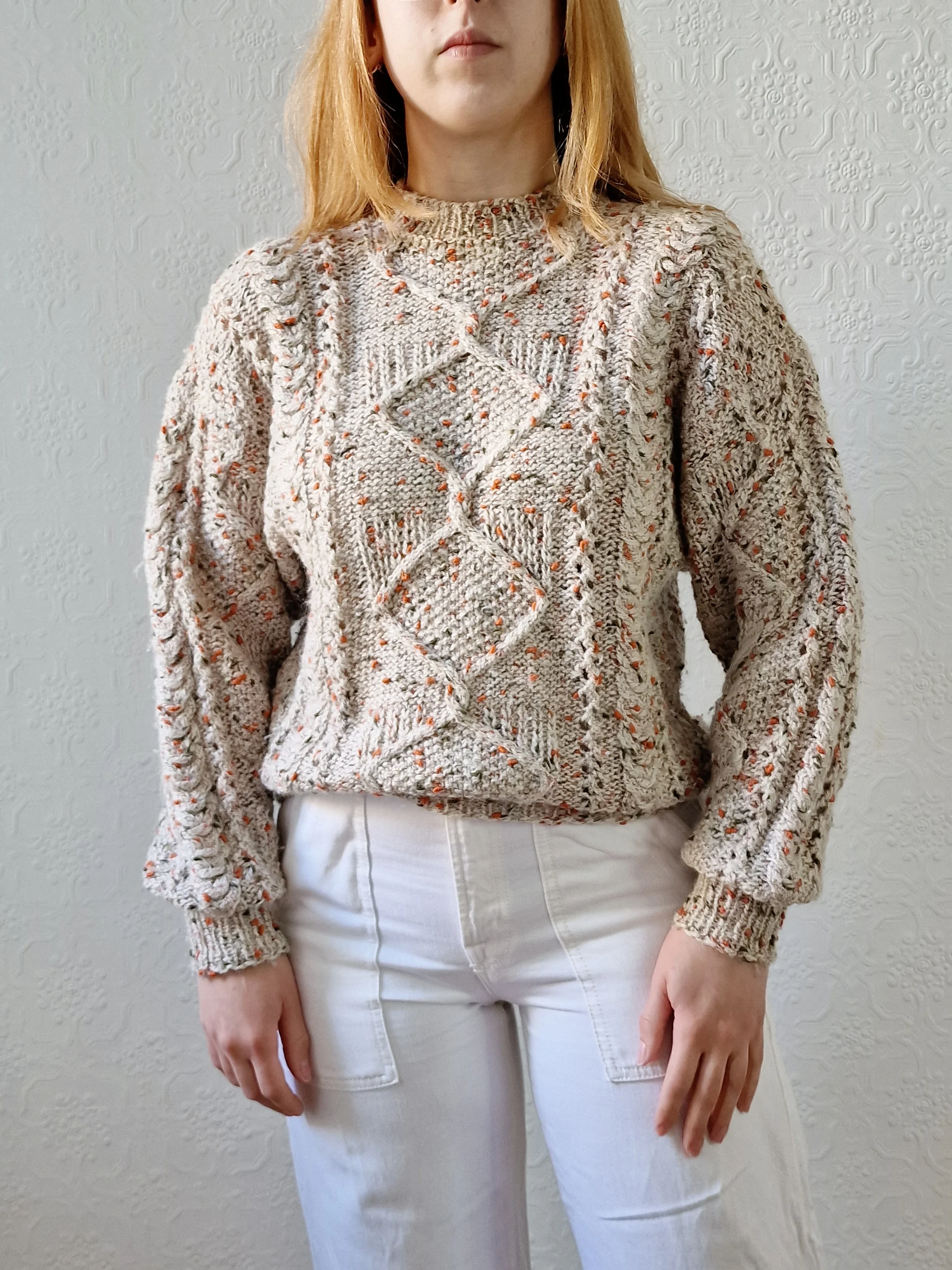 Vintage 80s Taupe Aran Style Cable Knit Jumper with Orange & Khaki Flecks - S