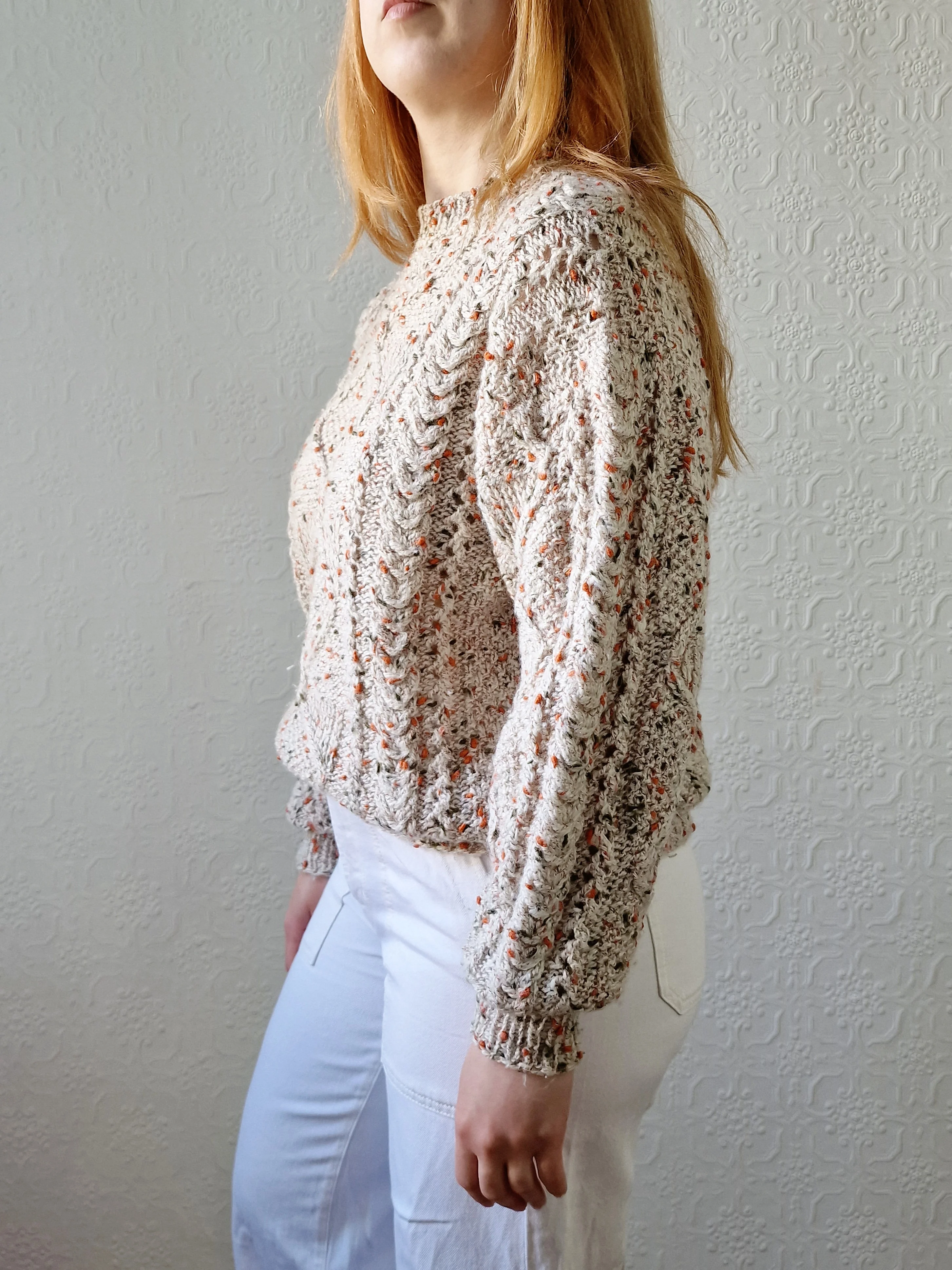 Vintage 80s Taupe Aran Style Cable Knit Jumper with Orange & Khaki Flecks - S - Image 2