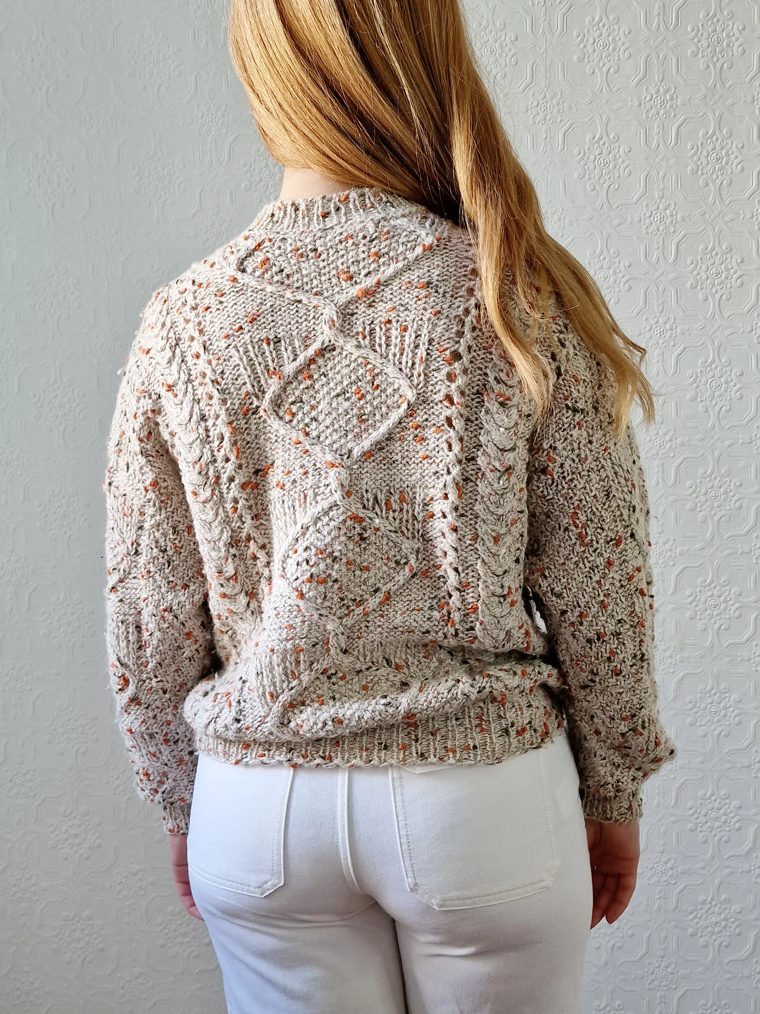 Vintage 80s Taupe Aran Style Cable Knit Jumper with Orange & Khaki Flecks - S - Image 3