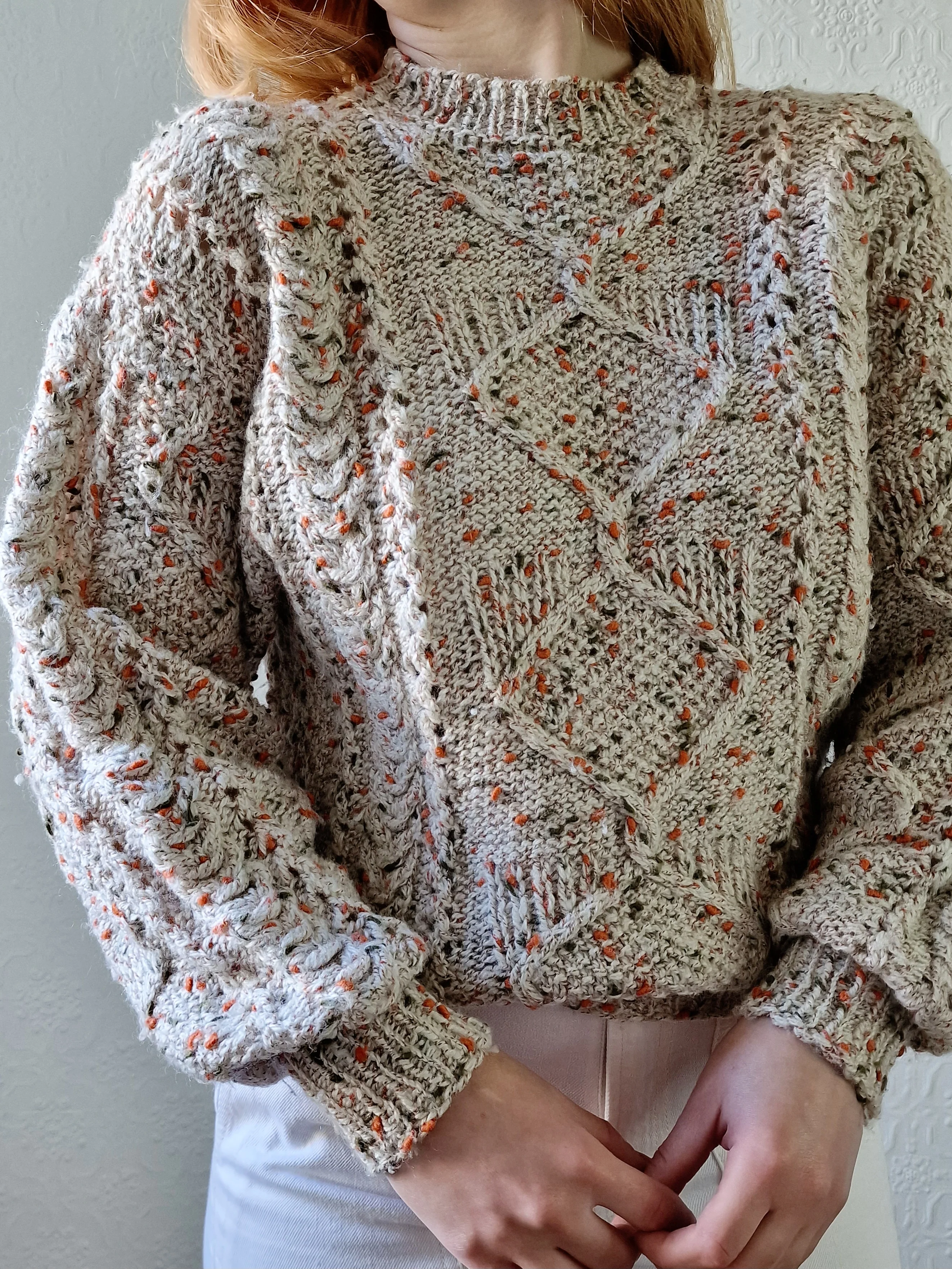 Vintage 80s Taupe Aran Style Cable Knit Jumper with Orange & Khaki Flecks - S - Image 4