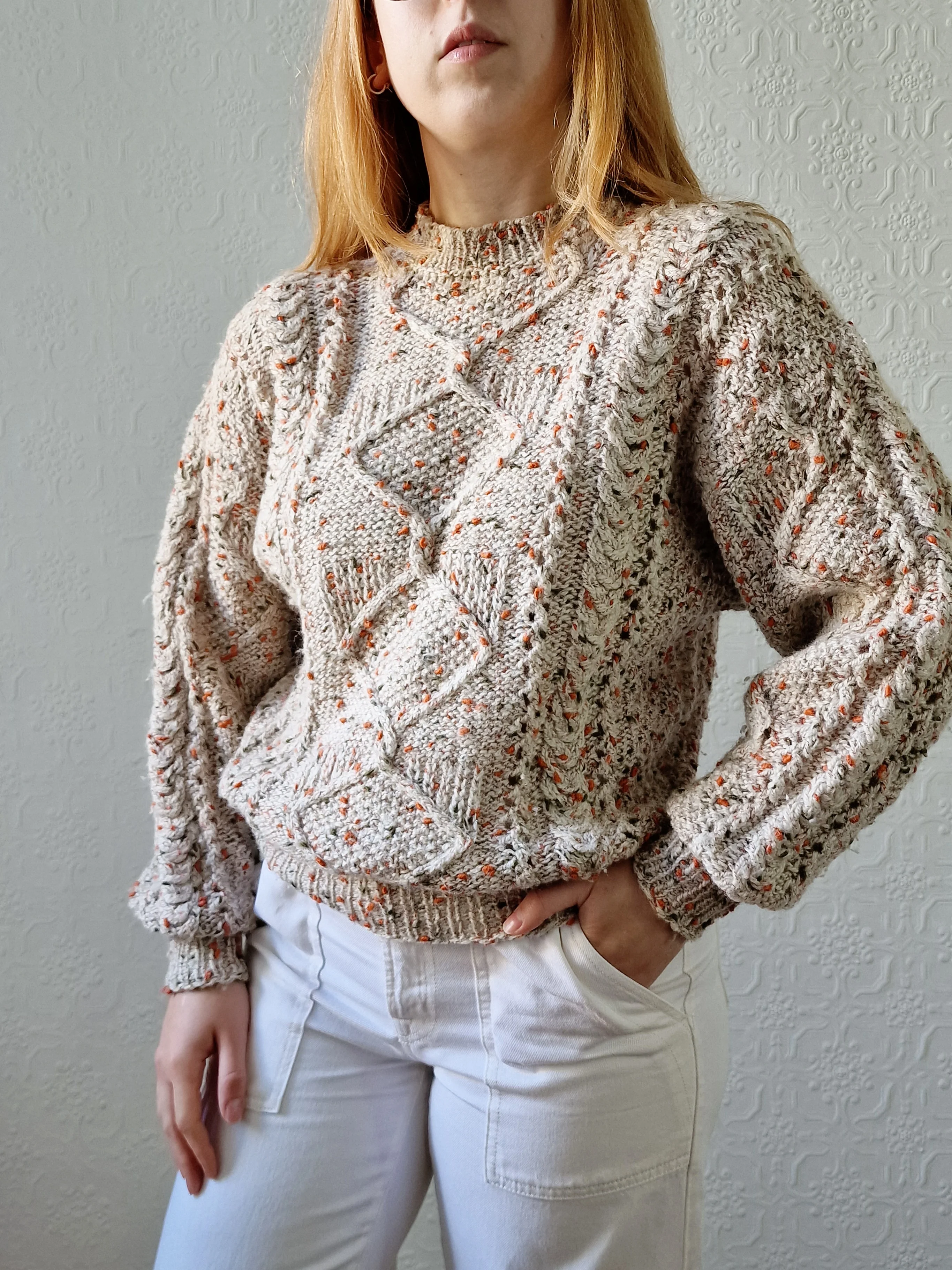 Vintage 80s Taupe Aran Style Cable Knit Jumper with Orange & Khaki Flecks - S - Image 5