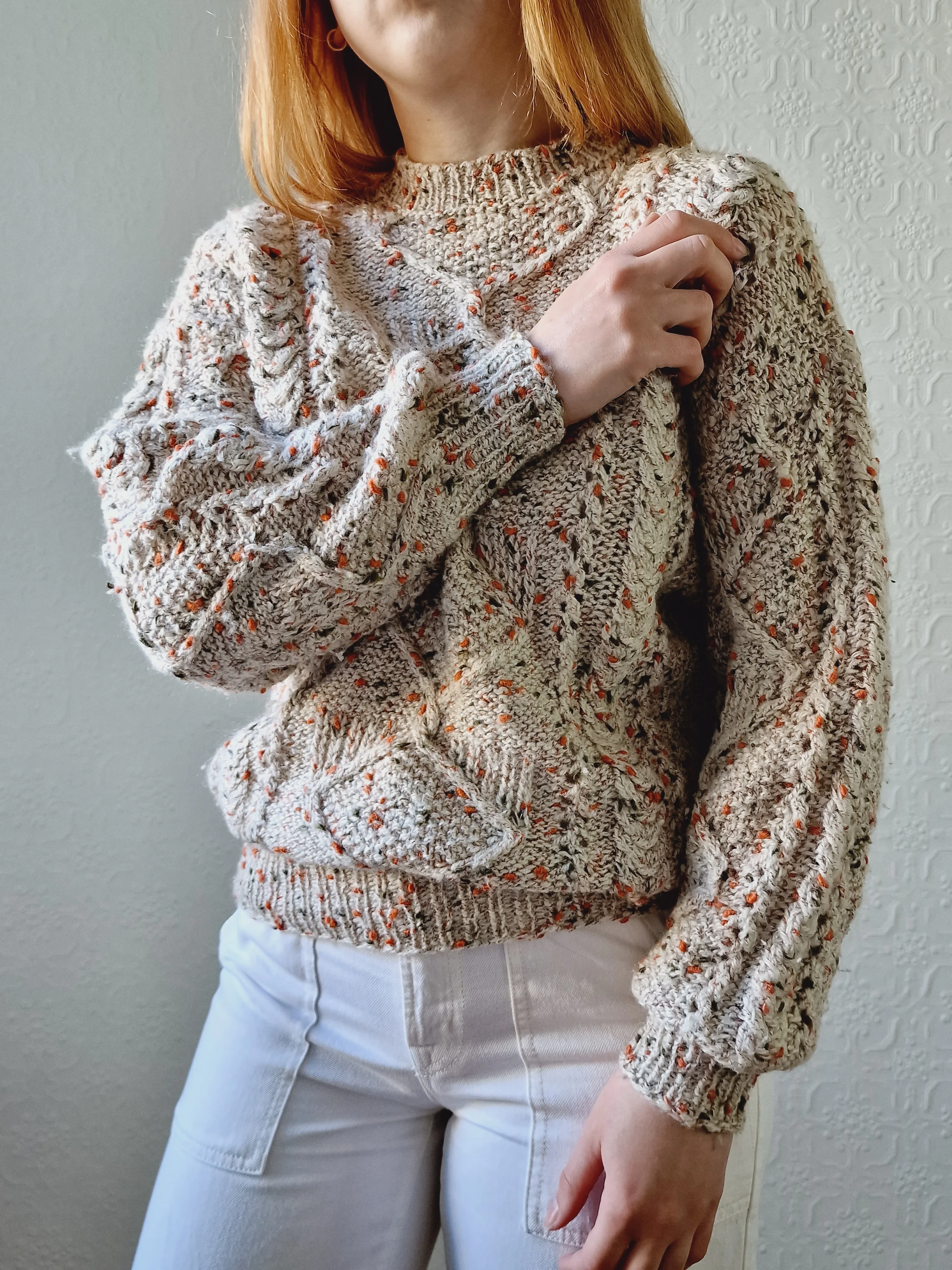 Vintage 80s Taupe Aran Style Cable Knit Jumper with Orange & Khaki Flecks - S - Image 6