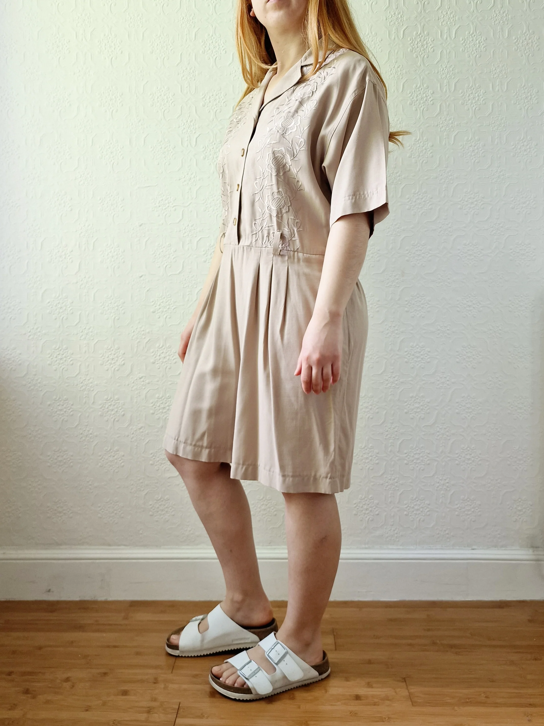 Vintage 80s Taupe Embroidered Playsuit with Short Sleeves - M - Image 3