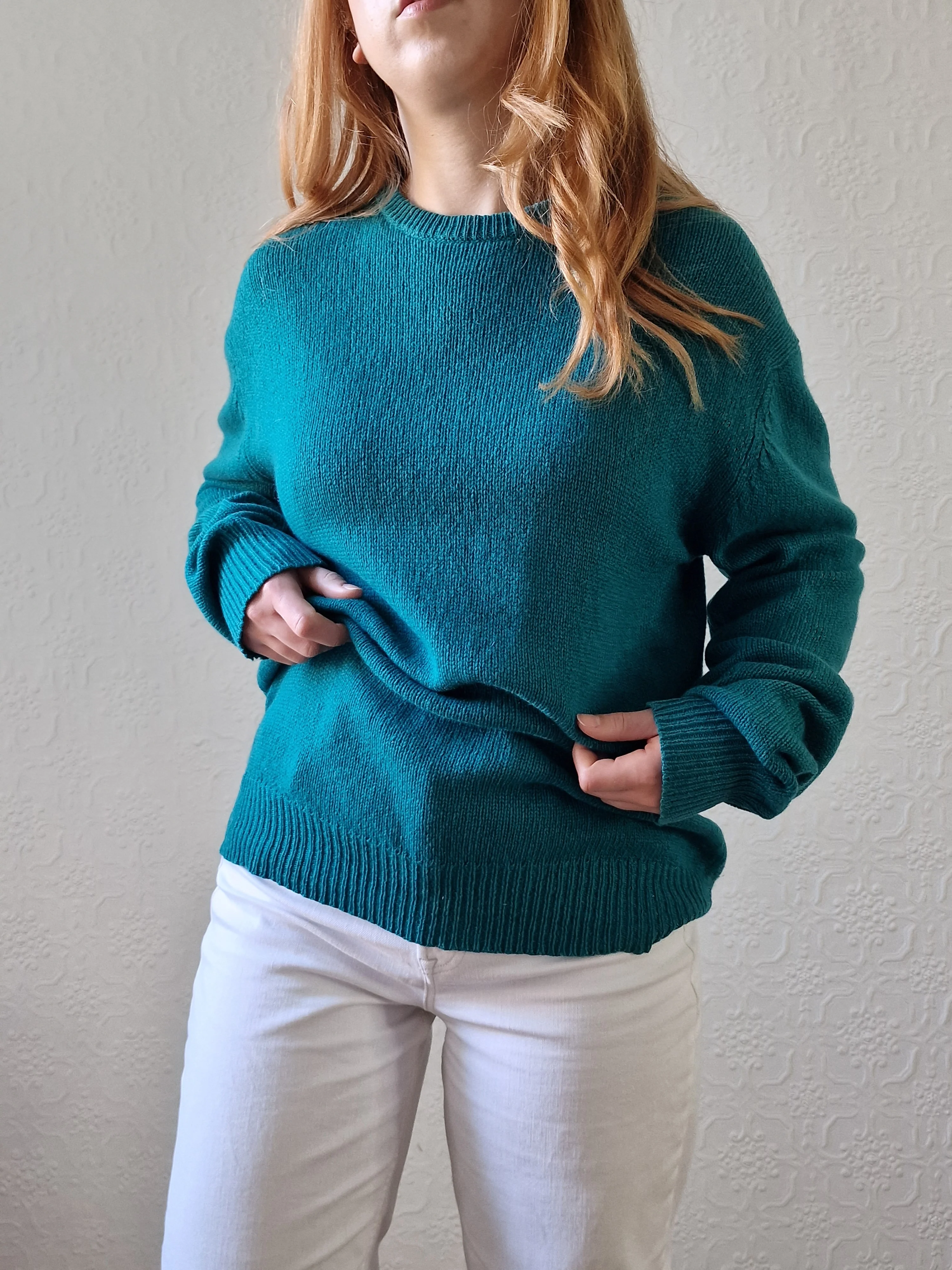 Vintage 80s Teal Green Pure Cashmere Jumper with Crew Neck - M - Image 10