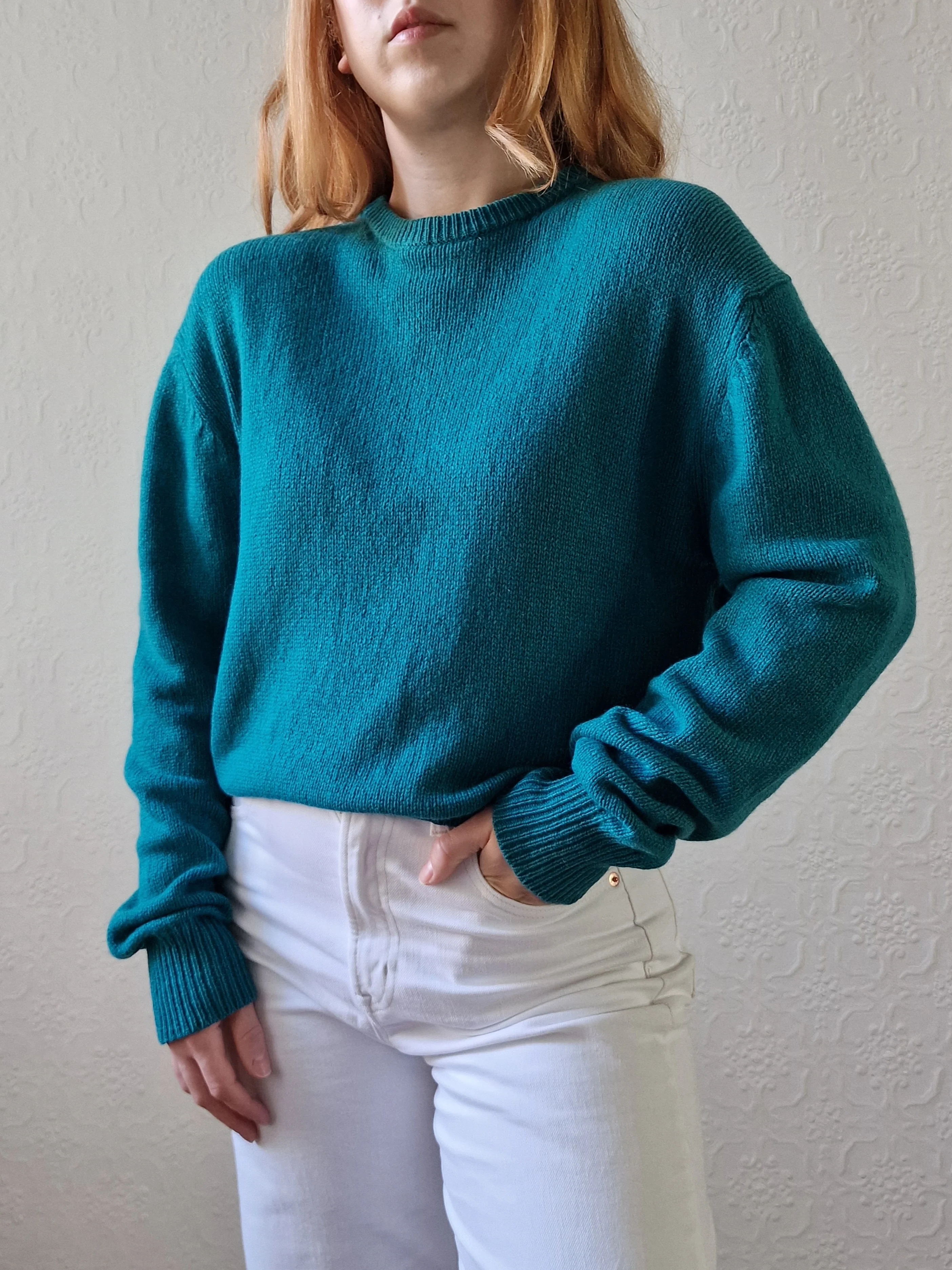 Vintage 80s Teal Green Pure Cashmere Jumper with Crew Neck - M - Image 2