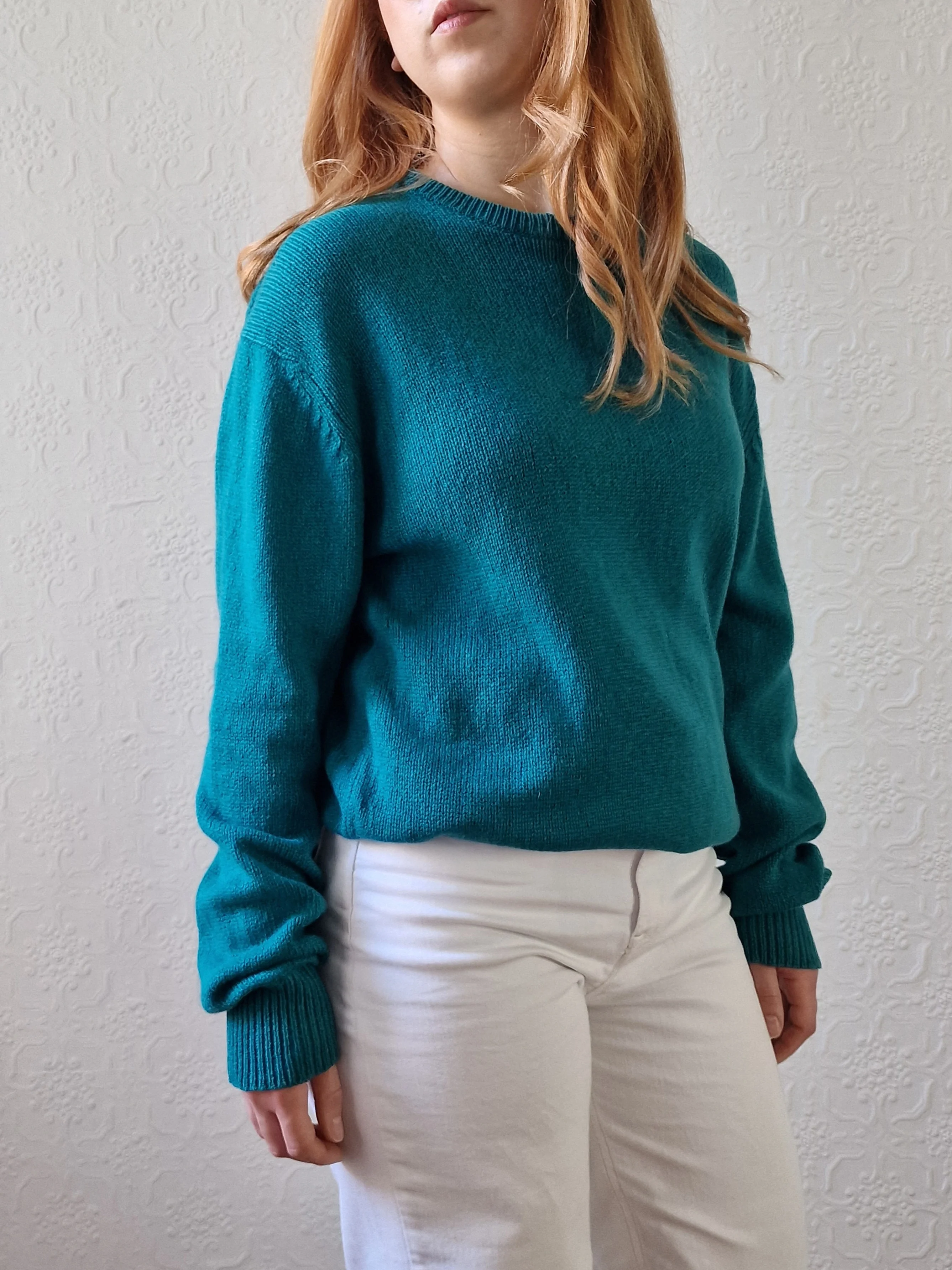 Vintage 80s Teal Green Pure Cashmere Jumper with Crew Neck - M - Image 3