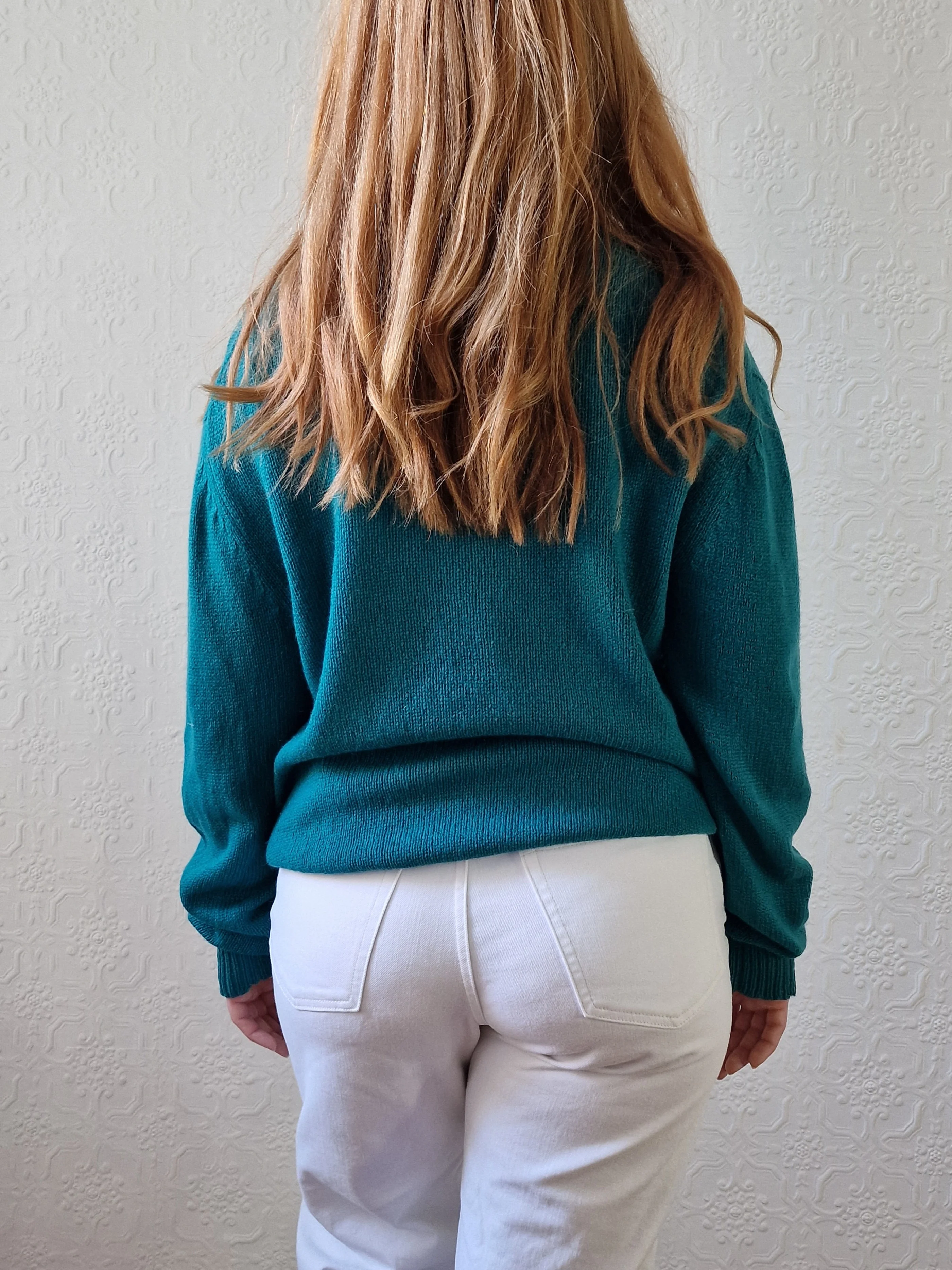 Vintage 80s Teal Green Pure Cashmere Jumper with Crew Neck - M - Image 4