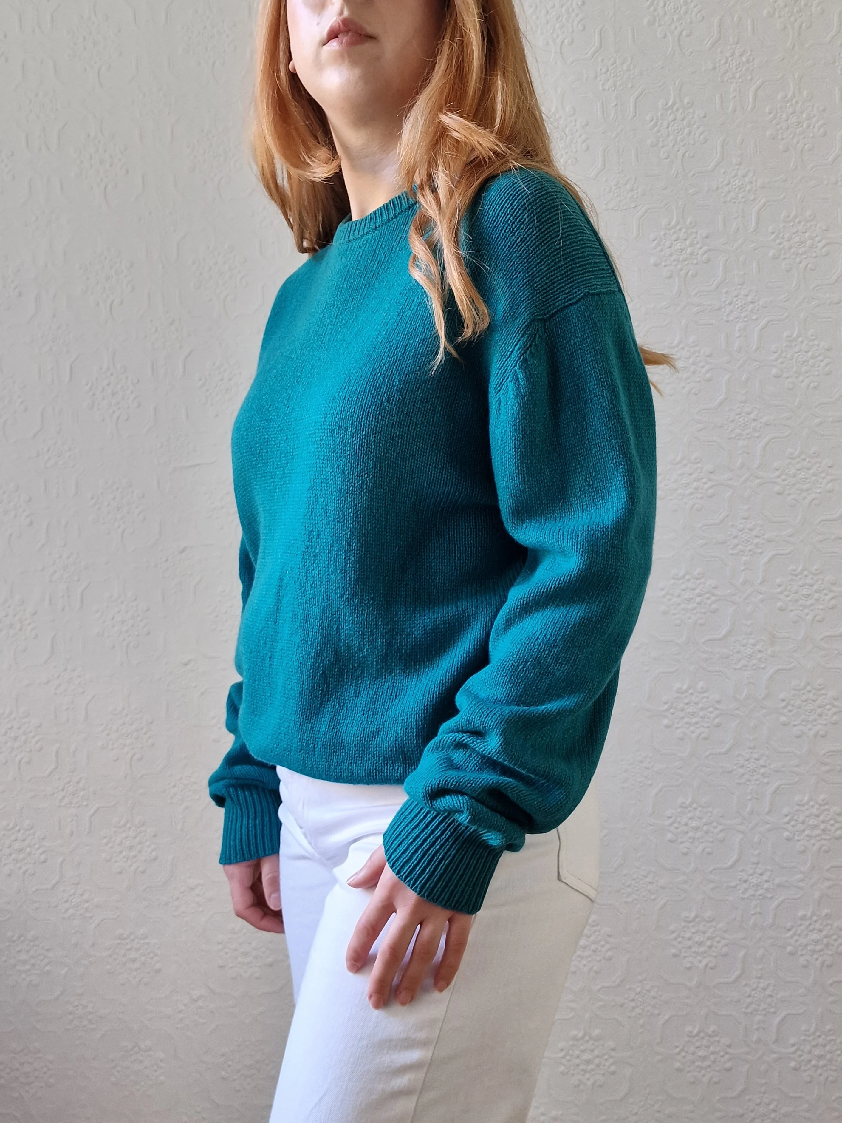 Vintage 80s Teal Green Pure Cashmere Jumper with Crew Neck - M - Image 5