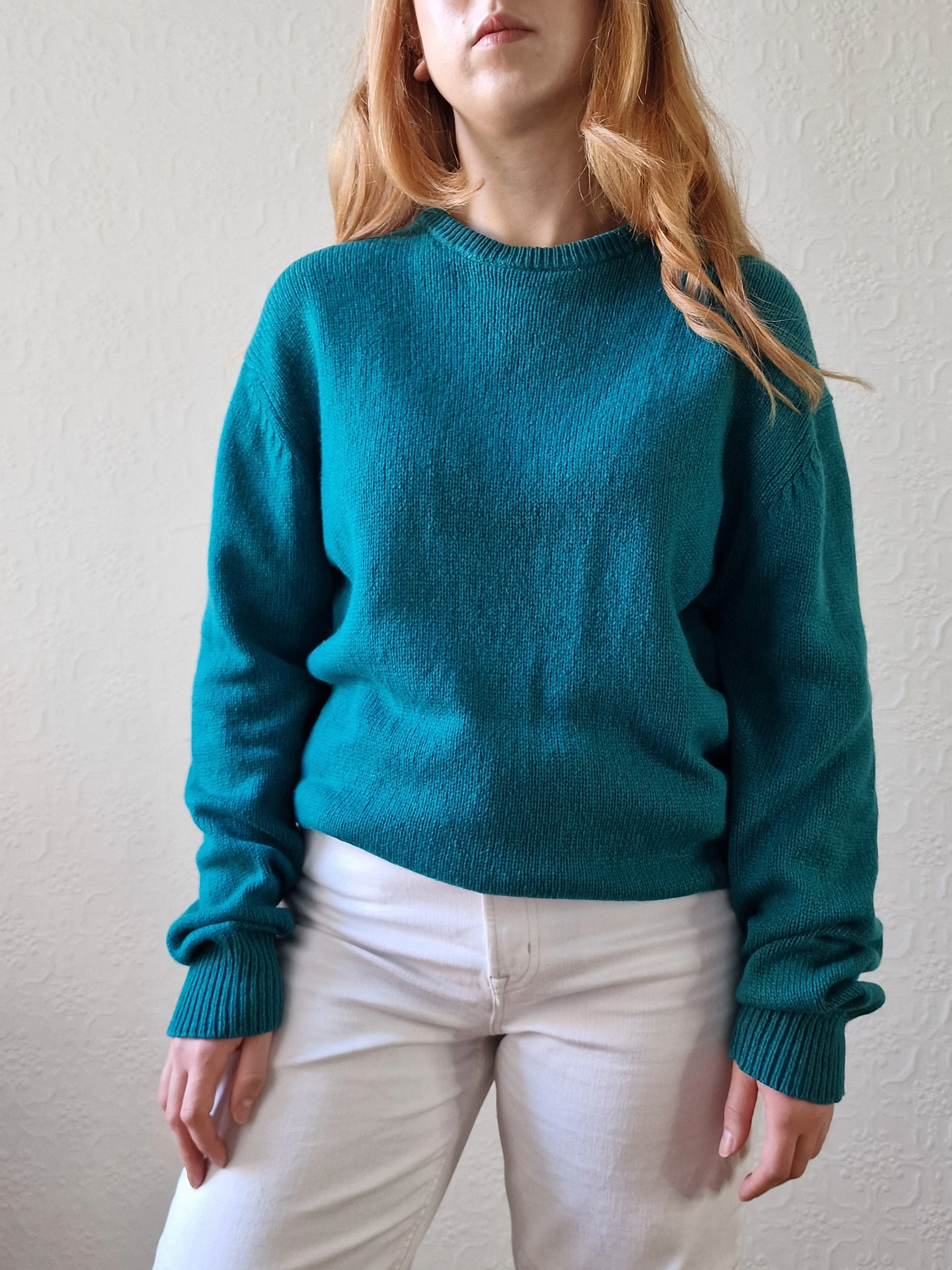 Vintage 80s Teal Green Pure Cashmere Jumper with Crew Neck - M - Image 6