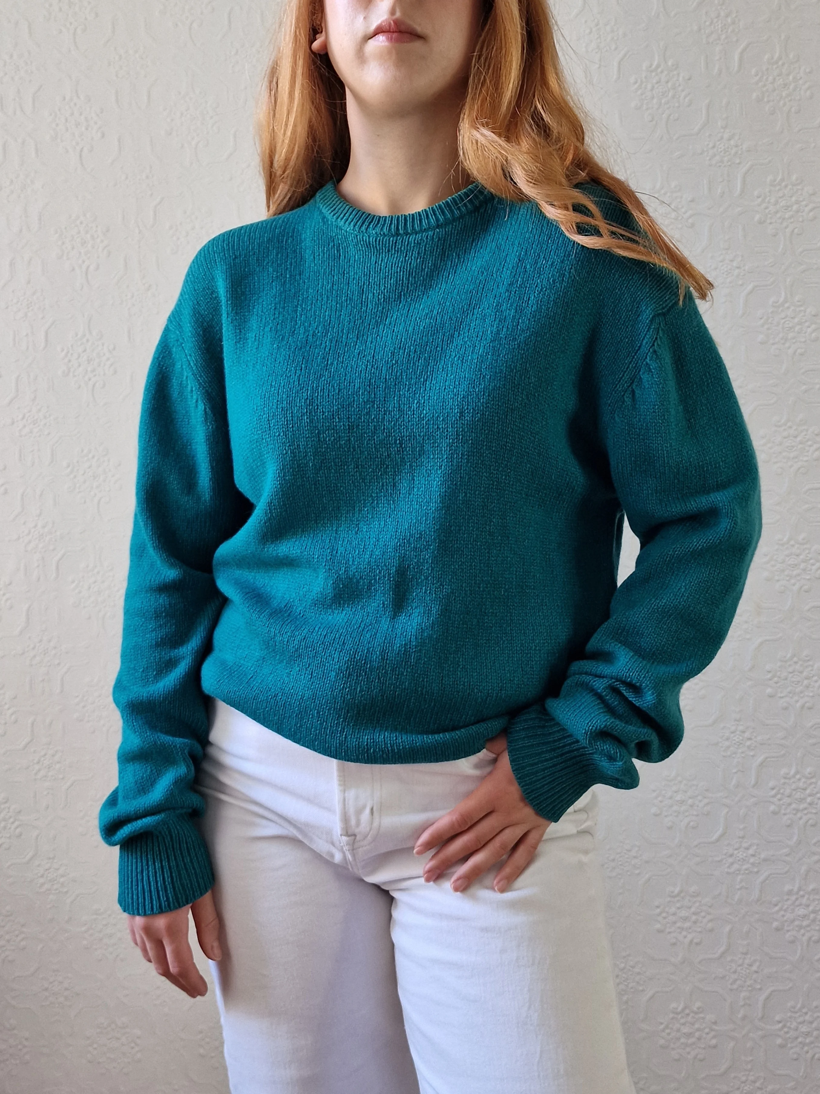 Vintage 80s Teal Green Pure Cashmere Jumper with Crew Neck - M - Image 7
