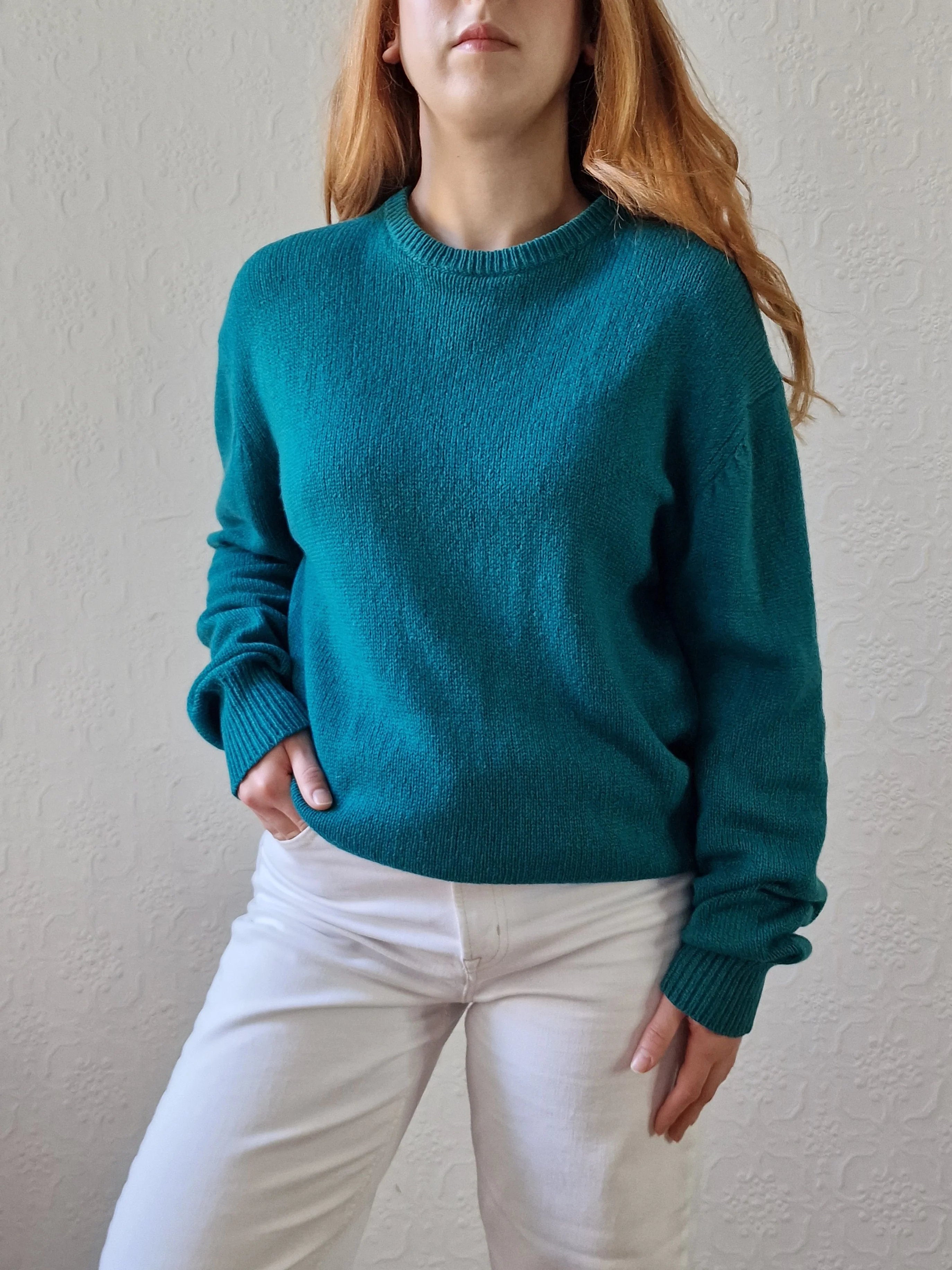 Vintage 80s Teal Green Pure Cashmere Jumper with Crew Neck - M - Image 8