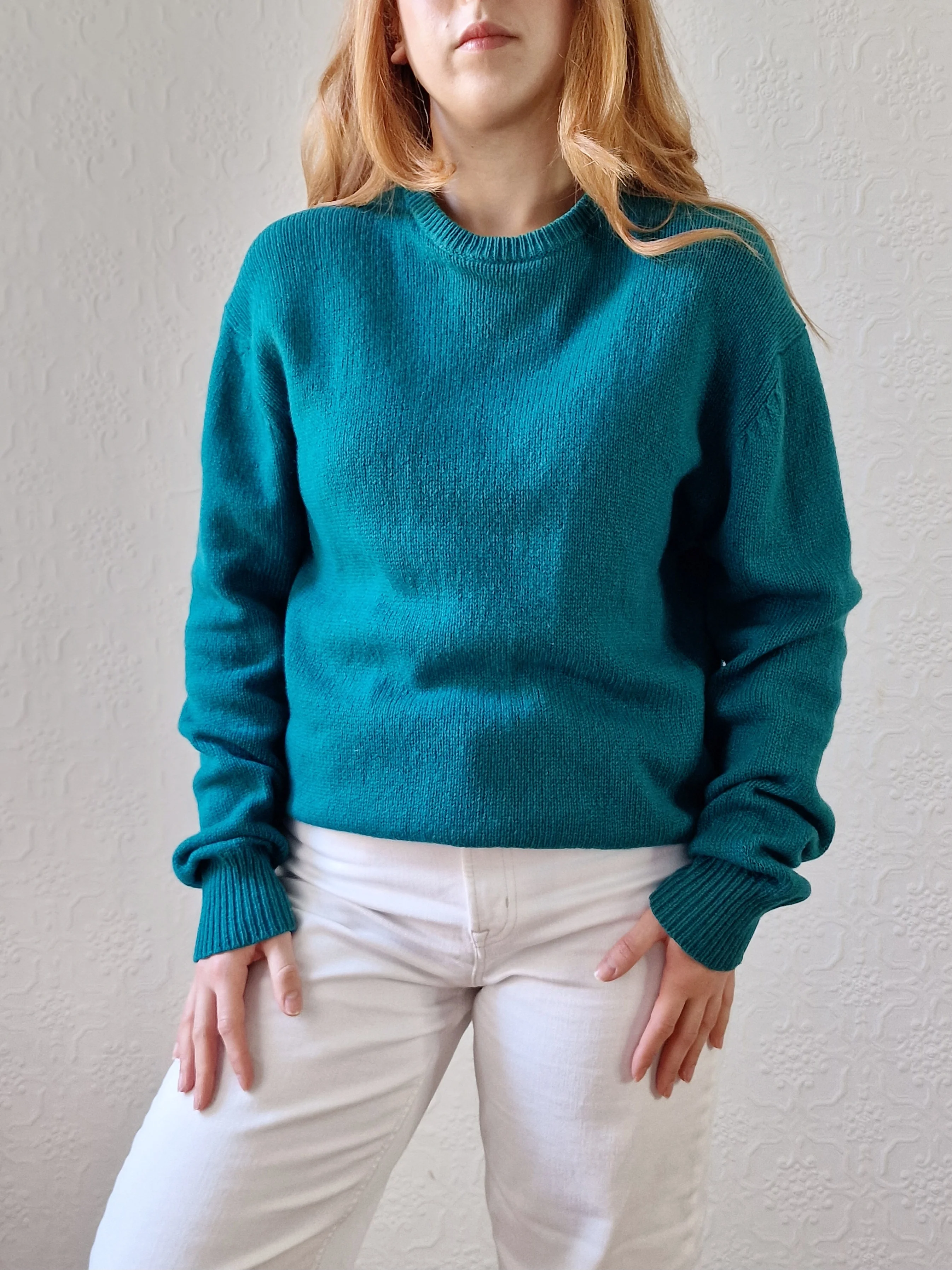 Vintage 80s Teal Green Pure Cashmere Jumper with Crew Neck - M - Image 9