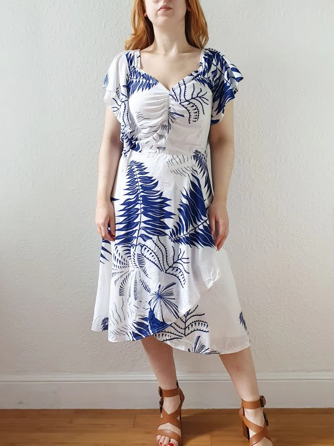 Vintage 80s White and Navy Cap Sleeve Dress - M - Image 2
