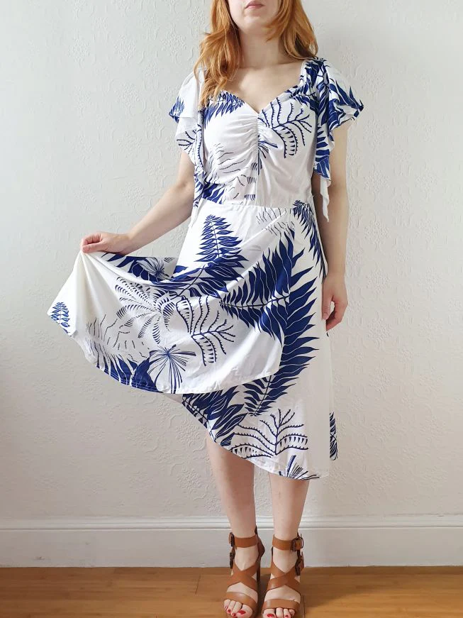 Vintage 80s White and Navy Cap Sleeve Dress - M - Image 3