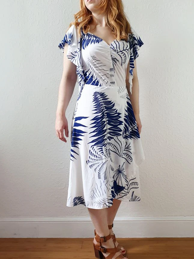 Vintage 80s White and Navy Cap Sleeve Dress - M - Image 5